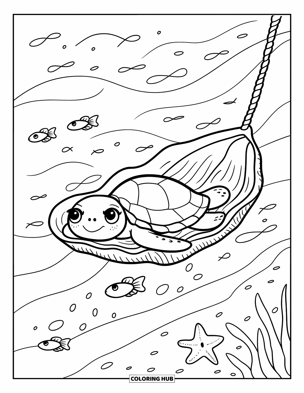 Kolorowanka z żółwiem morskim dla dorosłych: Żółw wyleguje się w hamaku z muszelek z falami oceanu, rybami i przyjazną rozgwiazdą