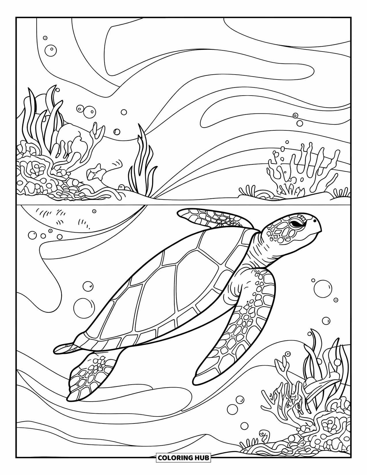 Kolorowanka z żółwiem morskim dla dorosłych: Żółw morski pływający przez wirujące prądy oceaniczne i skomplikowane wzory kwiatowe