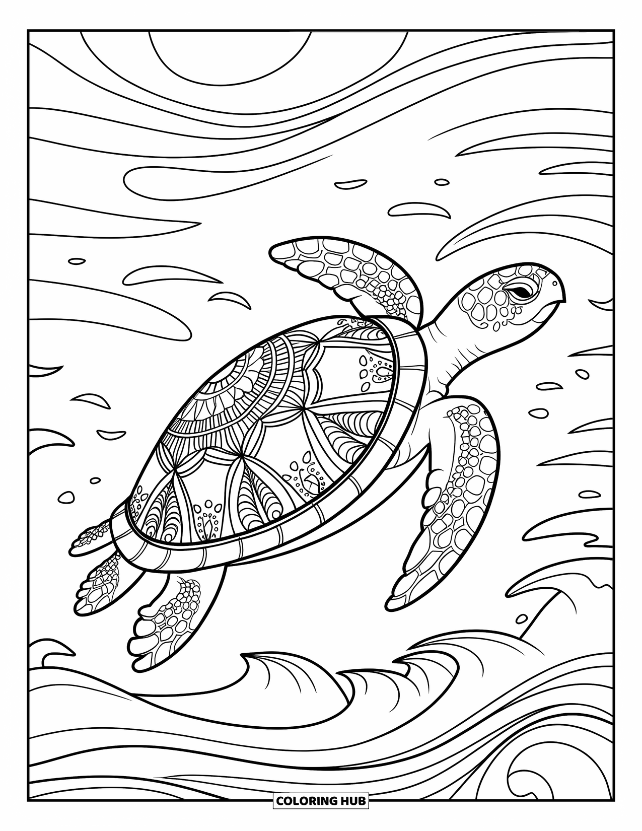 Kolorowanka z żółwiem morskim dla dorosłych: Żółw morski z dekoracyjną skorupą mandali, unoszący się w łagodnych prądach oceanicznych