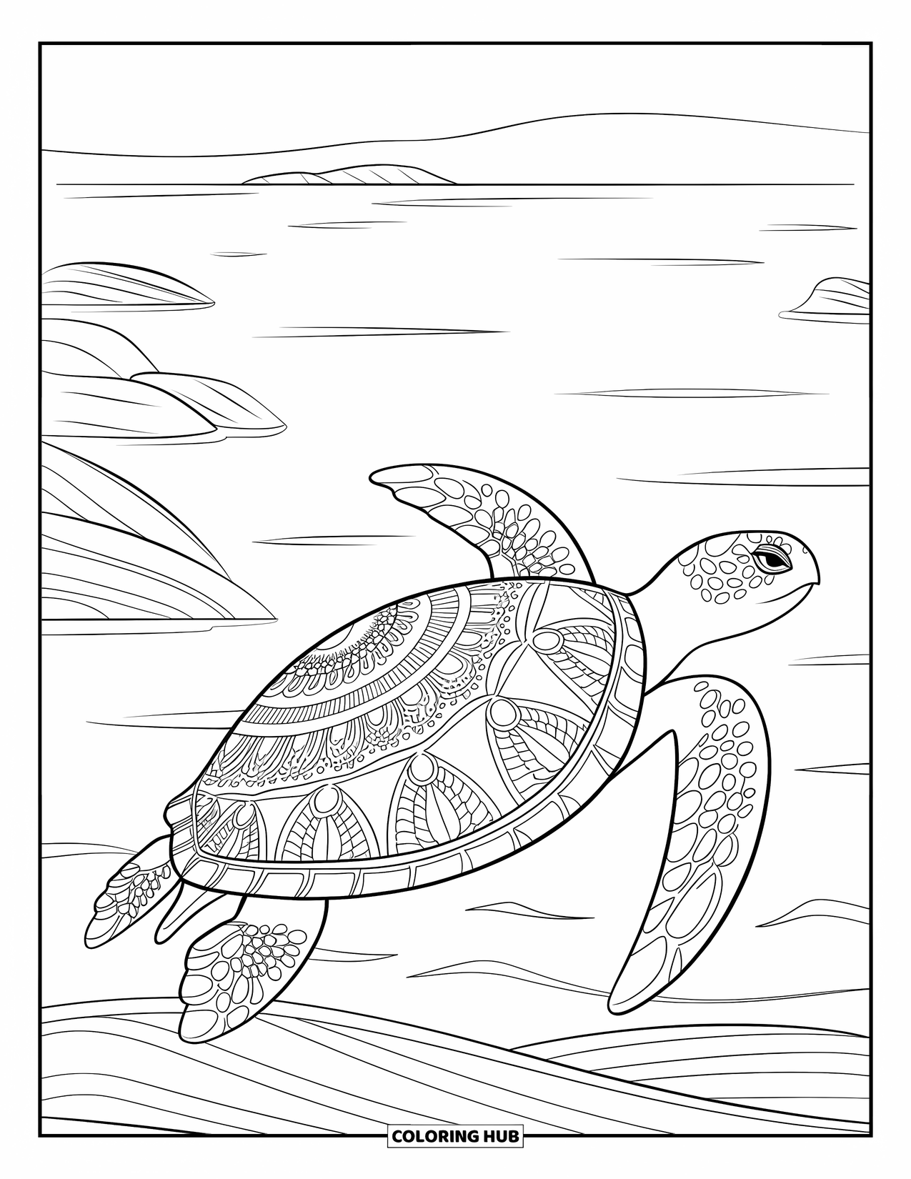Kolorowanka z żółwiem morskim dla dorosłych: Żółw morski ze skomplikowanym wzorem mandali na skorupie, otoczony łagodnymi falami