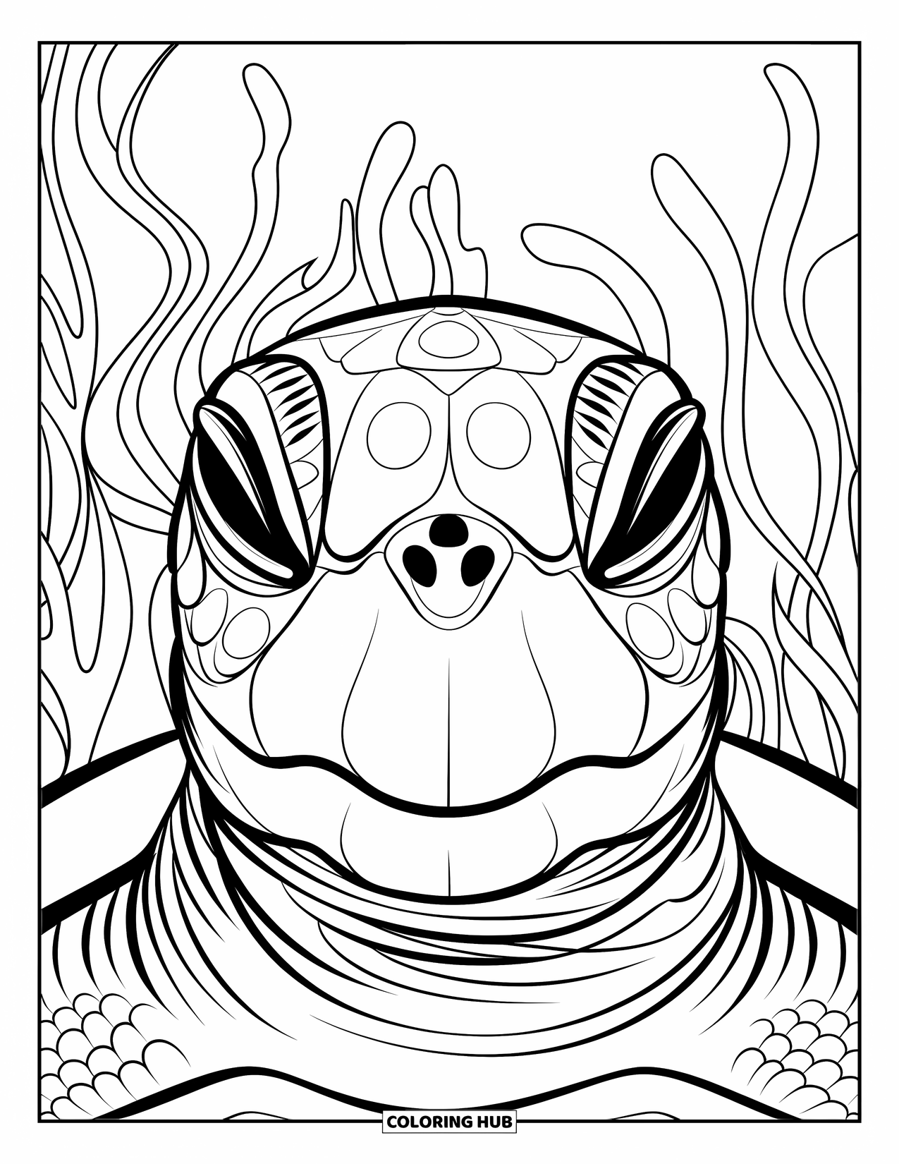 Kolorowanka z żółwiem morskim dla dorosłych: Twarz żółwia morskiego z okrągłymi wzorami i spokojnym podwodnym tłem z koralowców i wodorostów