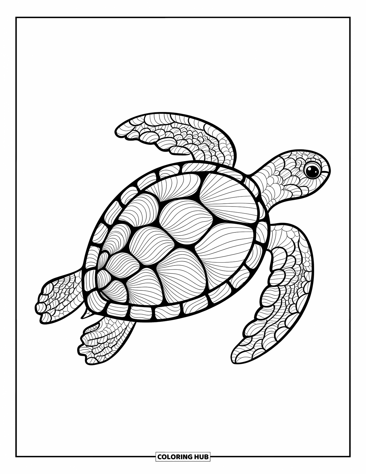 Kolorowanka z żółwiem morskim dla dorosłych: Stylizowany żółw morski z delikatnymi wzorami fal pokrywającymi jego płetwy i ciało