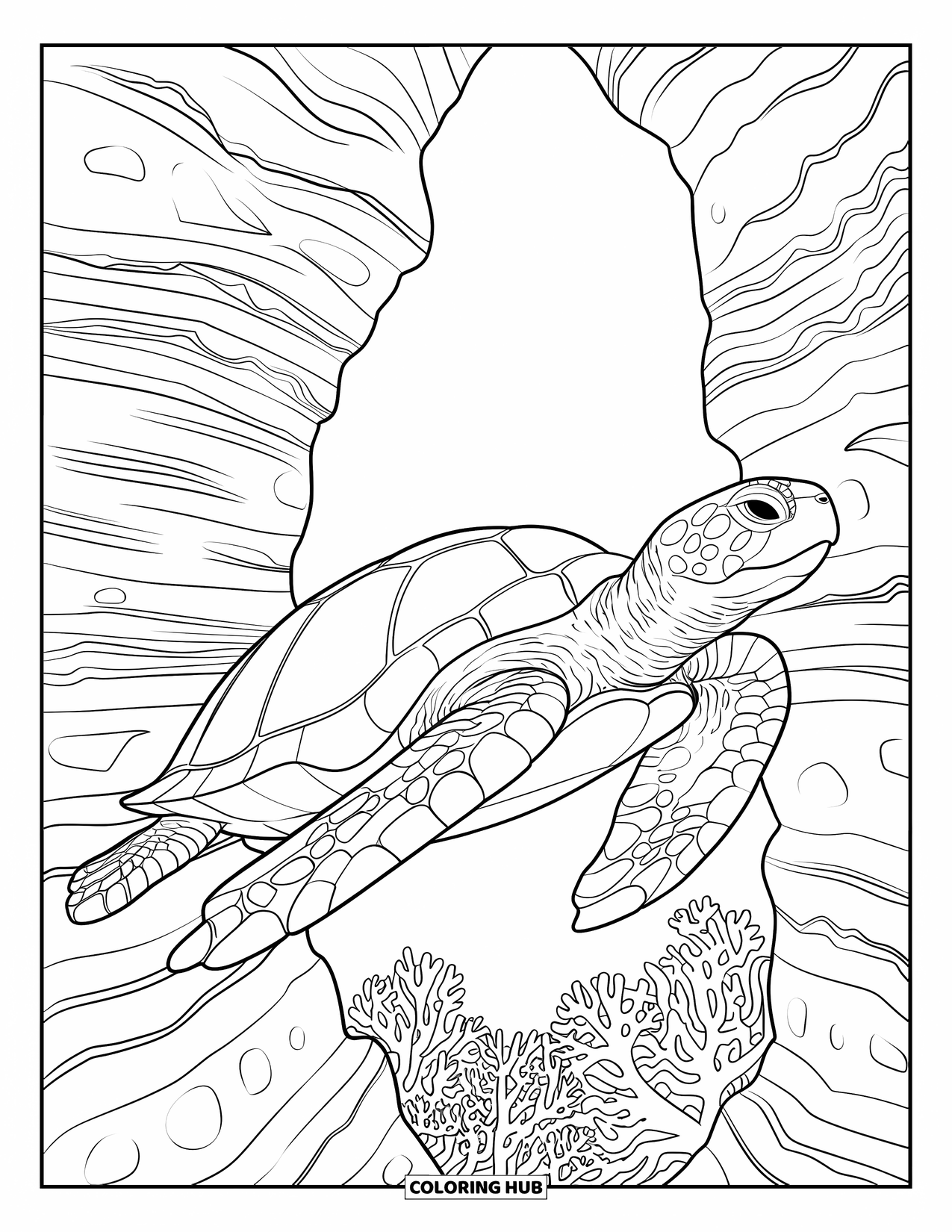 Kolorowanka z żółwiem morskim dla dorosłych: Żółw szybujący nad kanionem z poszarpanymi skałami i skomplikowanymi podwodnymi teksturami