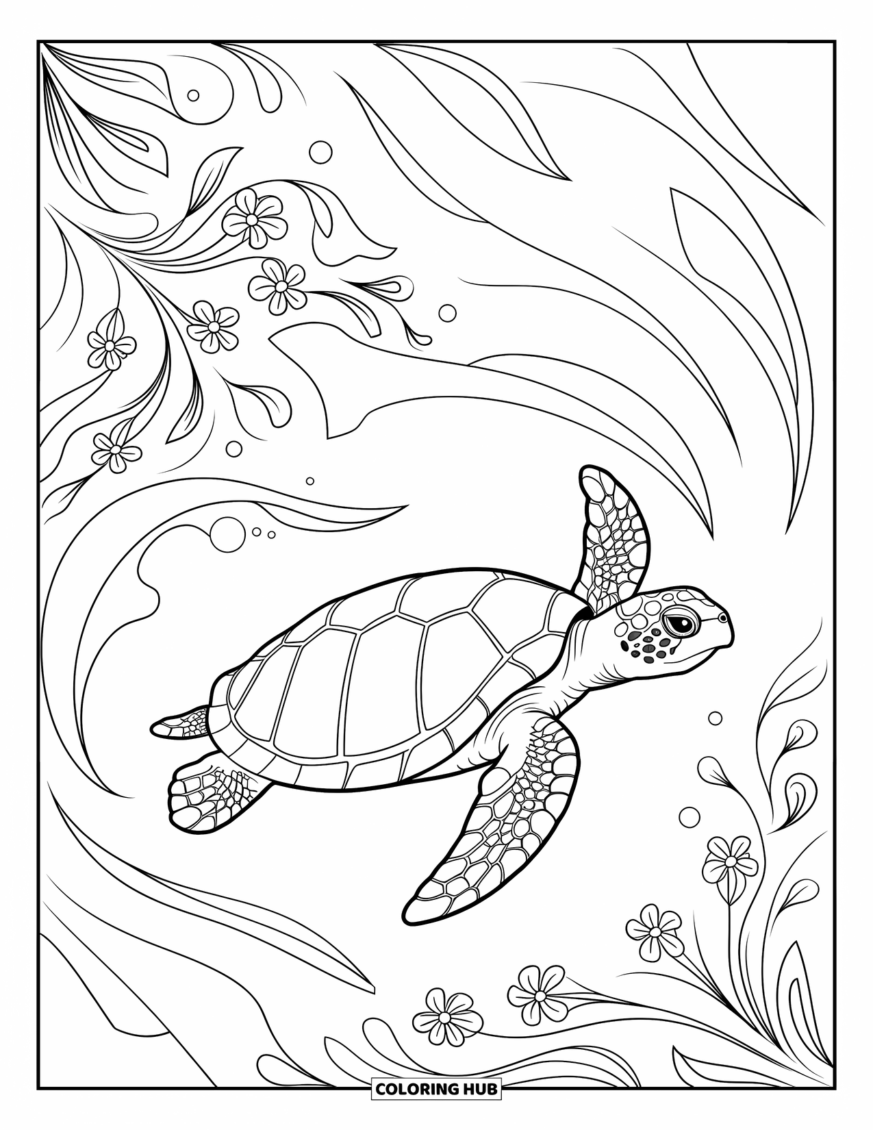 Kolorowanka z żółwiem morskim dla dorosłych: Żółw pływający przez mieszankę wirujących prądów oceanicznych i motywów kwiatowych