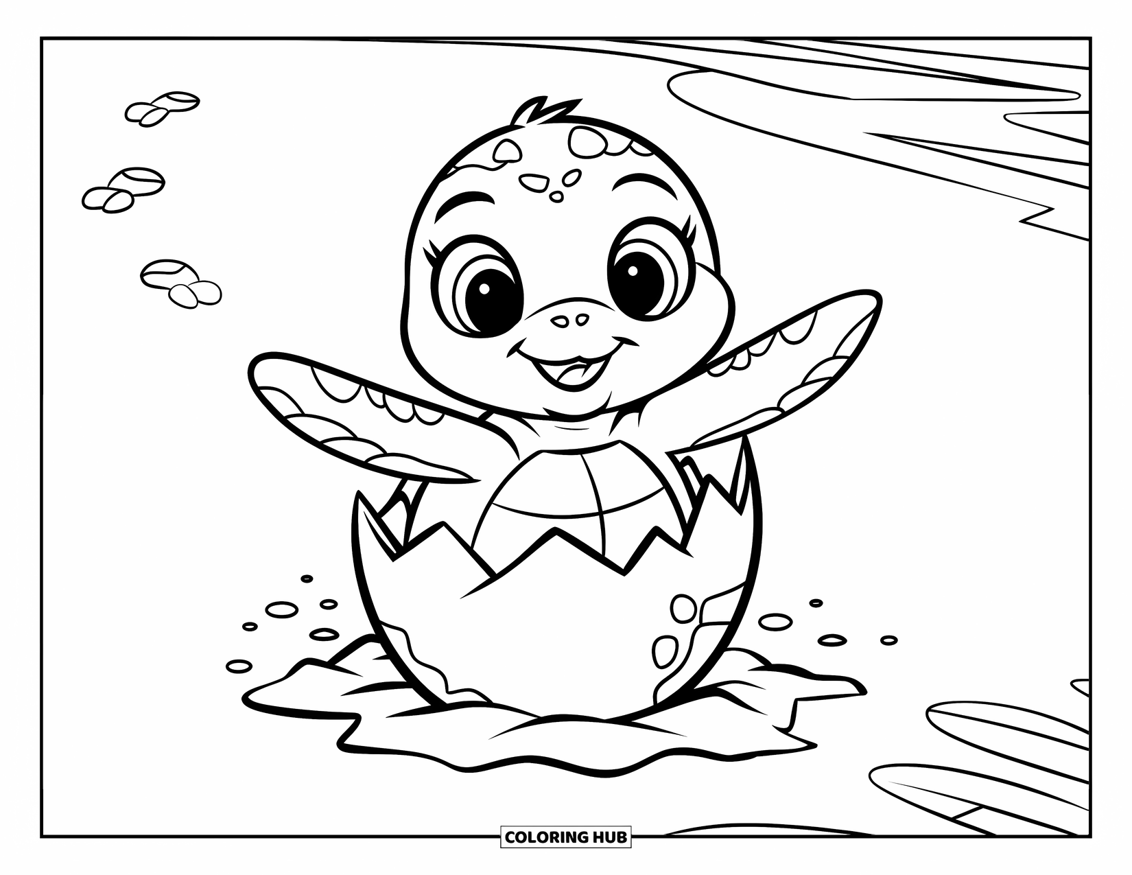 Kolorowanka z żółwiem morskim dla dzieci: Mały żółwik morski wyłania się z jaja na plaży, z maleńkimi śladami stóp prowadzącymi do wody