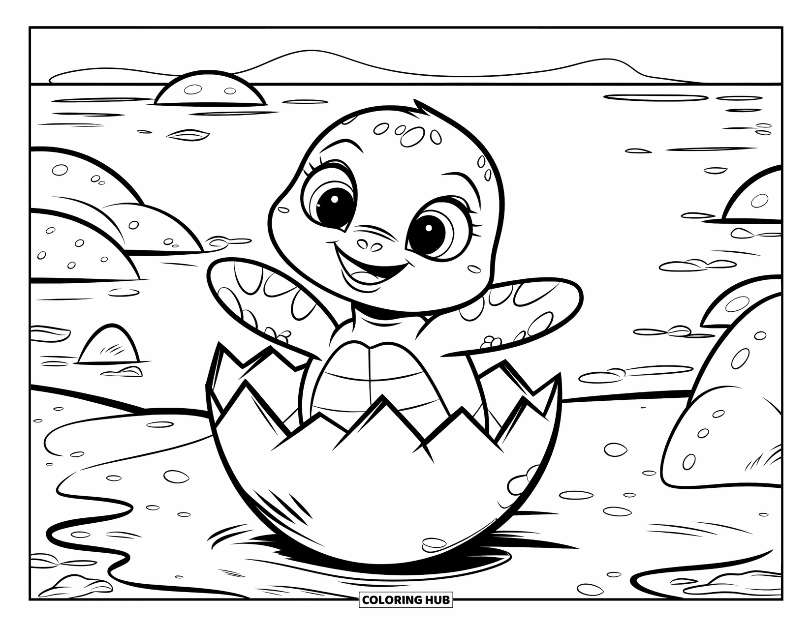 Kolorowanka z żółwiem morskim dla dzieci: Mały żółwik morski wykluwa się z jaja, otoczony spokojnym oceanem i odległym horyzontem