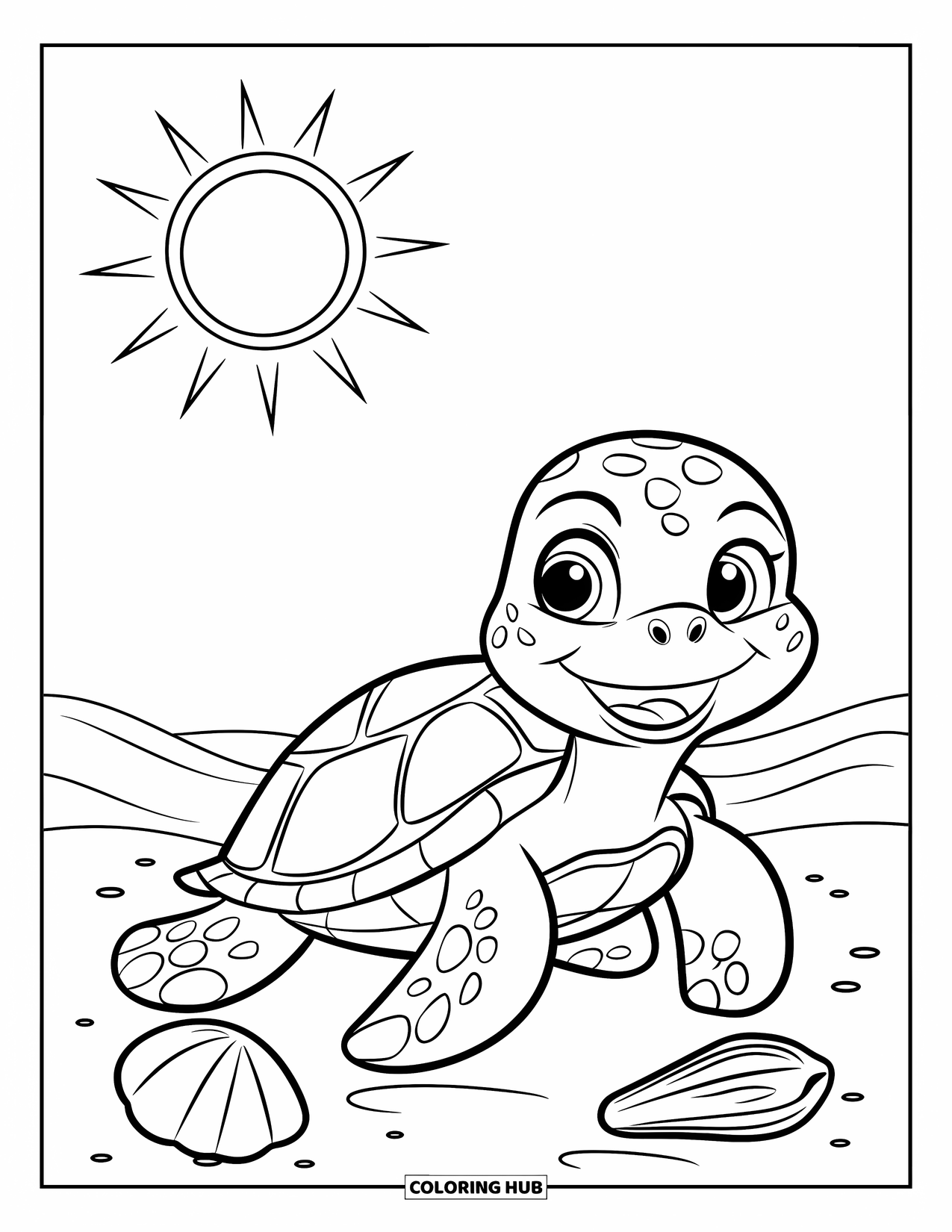 Kolorowanka z żółwiem morskim dla dzieci: Radosny żółw morski na piaszczystej plaży, otoczony muszelkami i ciepłym słońcem