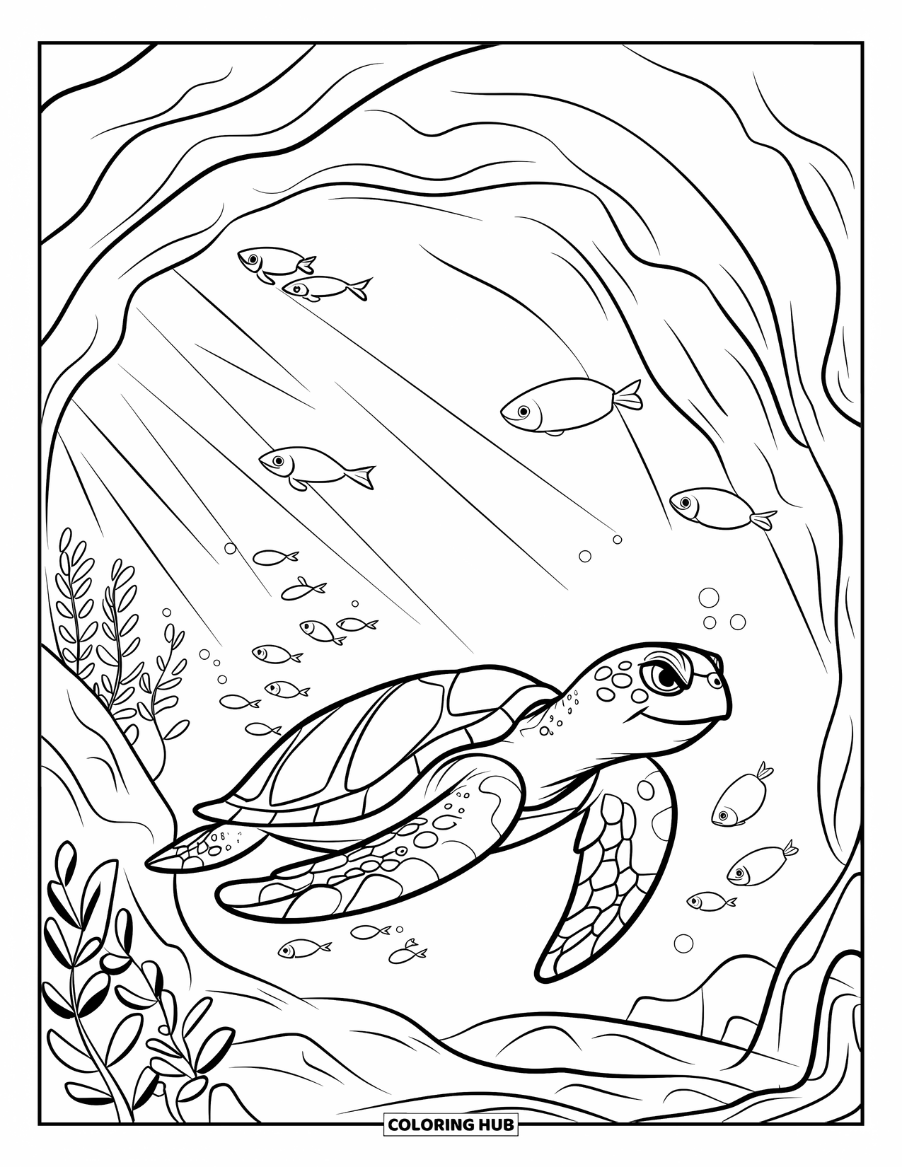 Kolorowanka z żółwiem morskim dla dzieci: Ciekawski żółw morski szybujący przez podwodną jaskinię, z rybami pływającymi w pobliżu