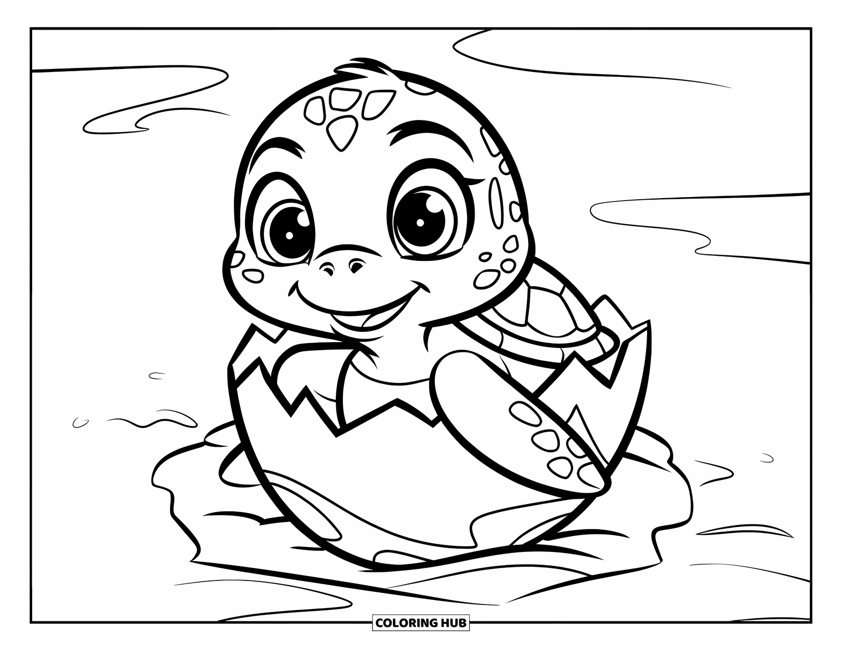 Kolorowanka z żółwiem morskim dla dzieci: Słodki mały żółwik morski wykluwa się z jaja na piasku, gotowy na swoją pierwszą przygodę