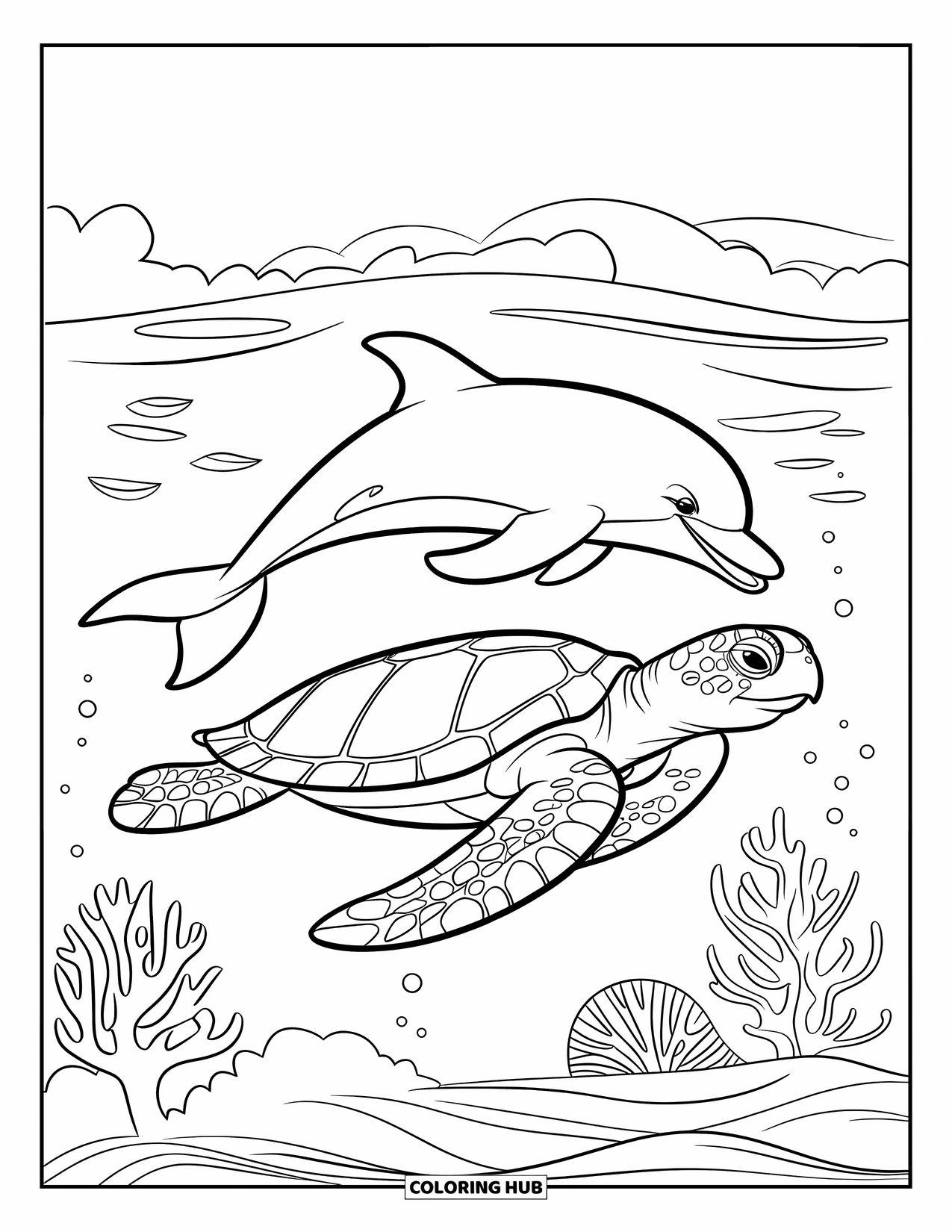 Kolorowanka z żółwiem morskim dla dzieci: Przyjazny żółw morski i delfin pływający razem przez łagodne fale