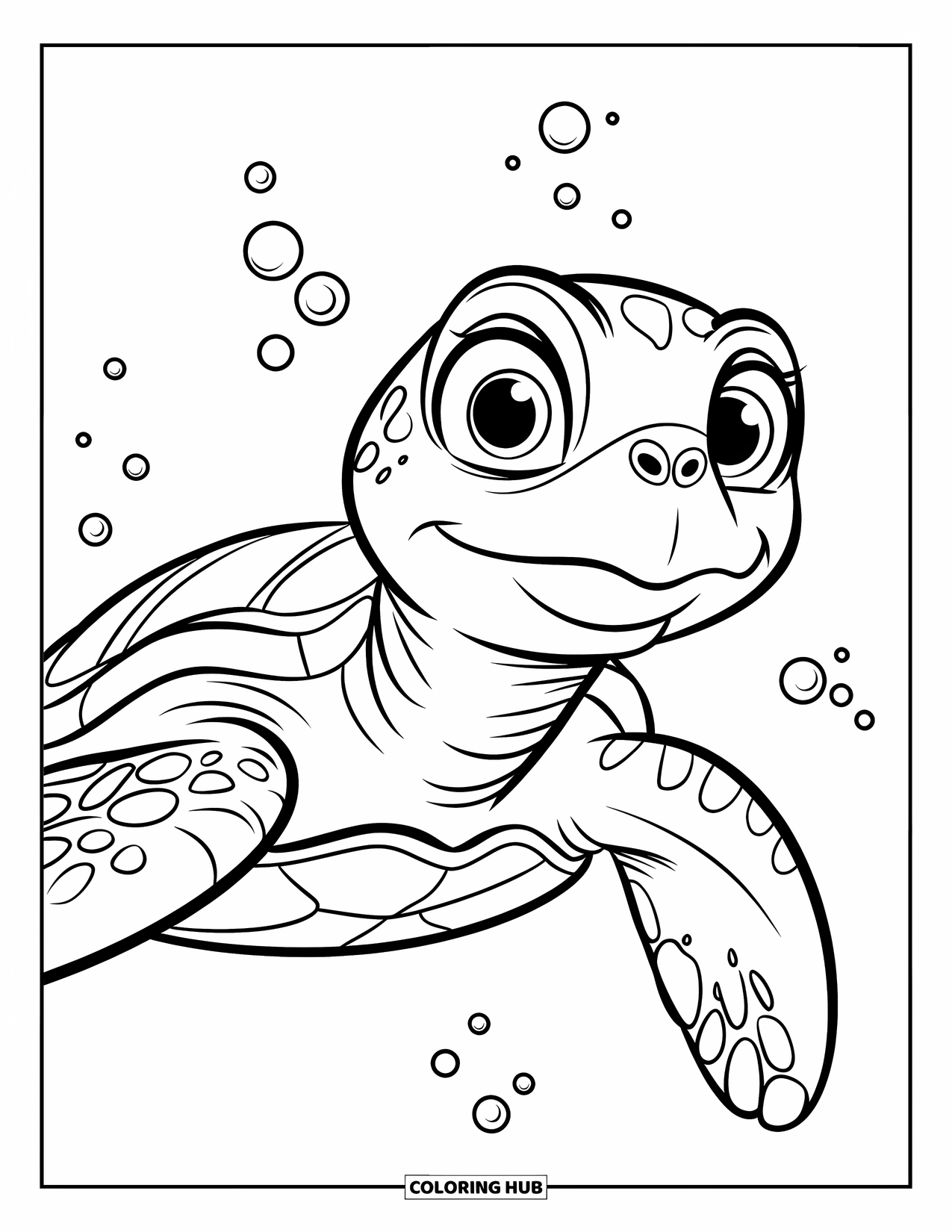 Kolorowanka z żółwiem morskim dla dzieci: Łagodny żółw morski z dużymi oczami, spokojnie unoszący się w oceanie