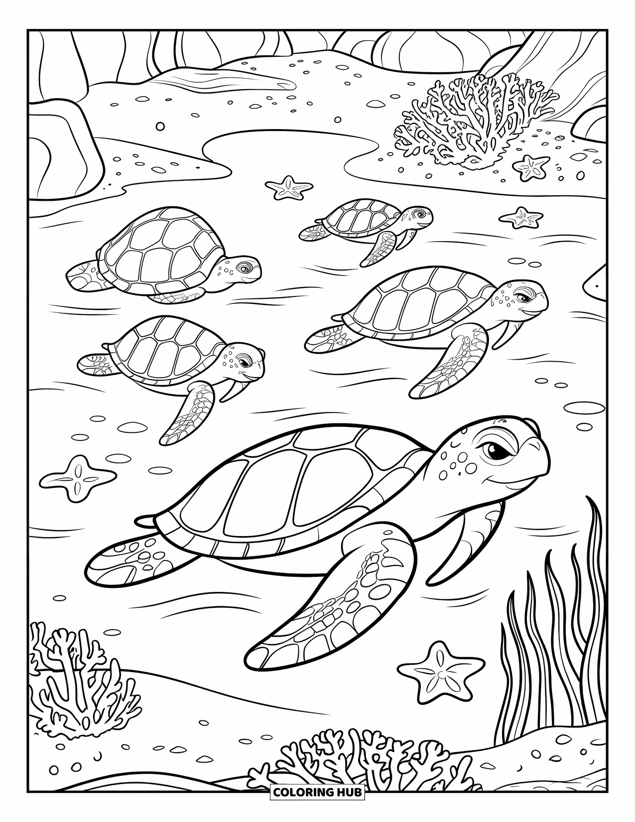 Kolorowanka z żółwiem morskim dla dzieci: Grupa żółwi morskich pływa przez płytkie wody, otoczona koralowcami i rozgwiazdami