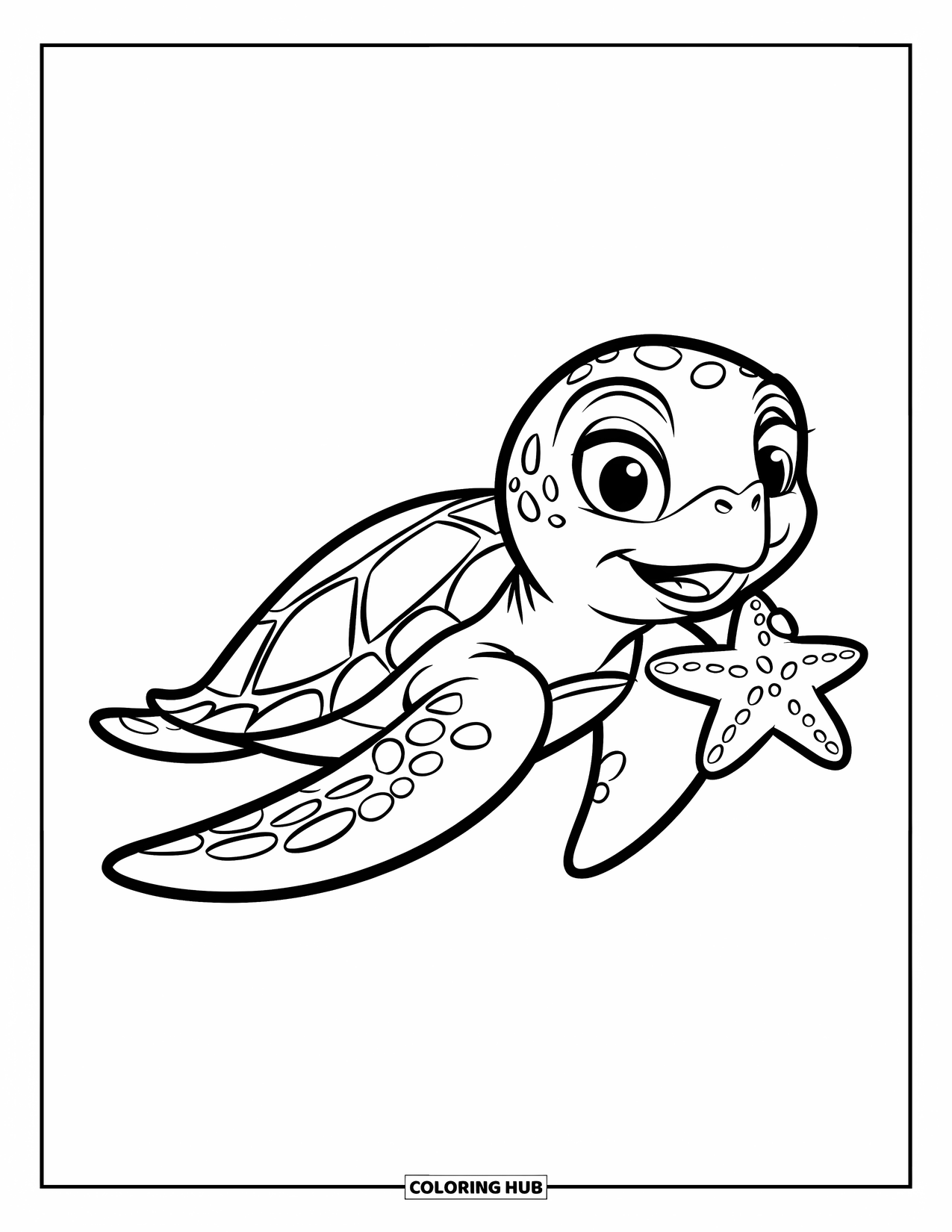 Kolorowanka z żółwiem morskim dla dzieci: Radosny żółw morski trzymający rozgwiazdę, unoszący się w wodzie z szerokim uśmiechem