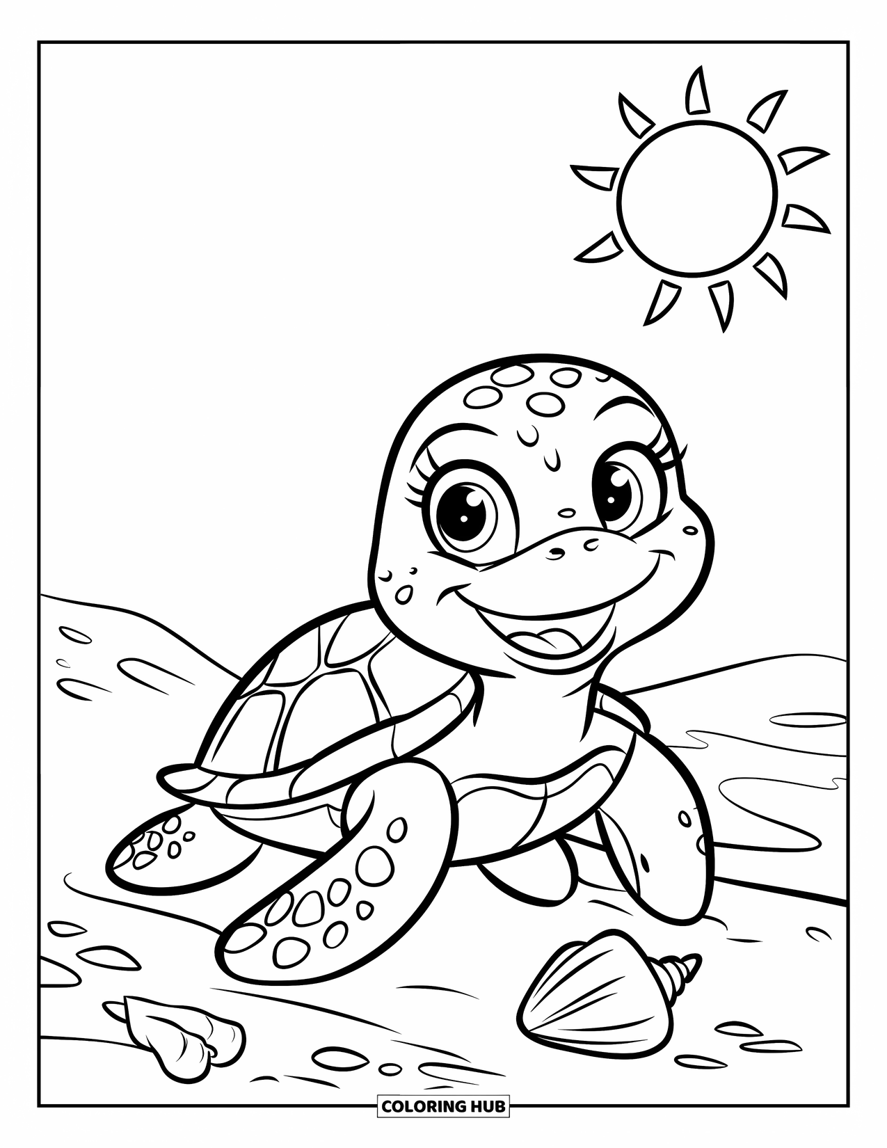 Kolorowanka z żółwiem morskim dla dzieci: Radosny żółw morski na spokojnej plaży, wygrzewający się w słońcu wśród muszelek