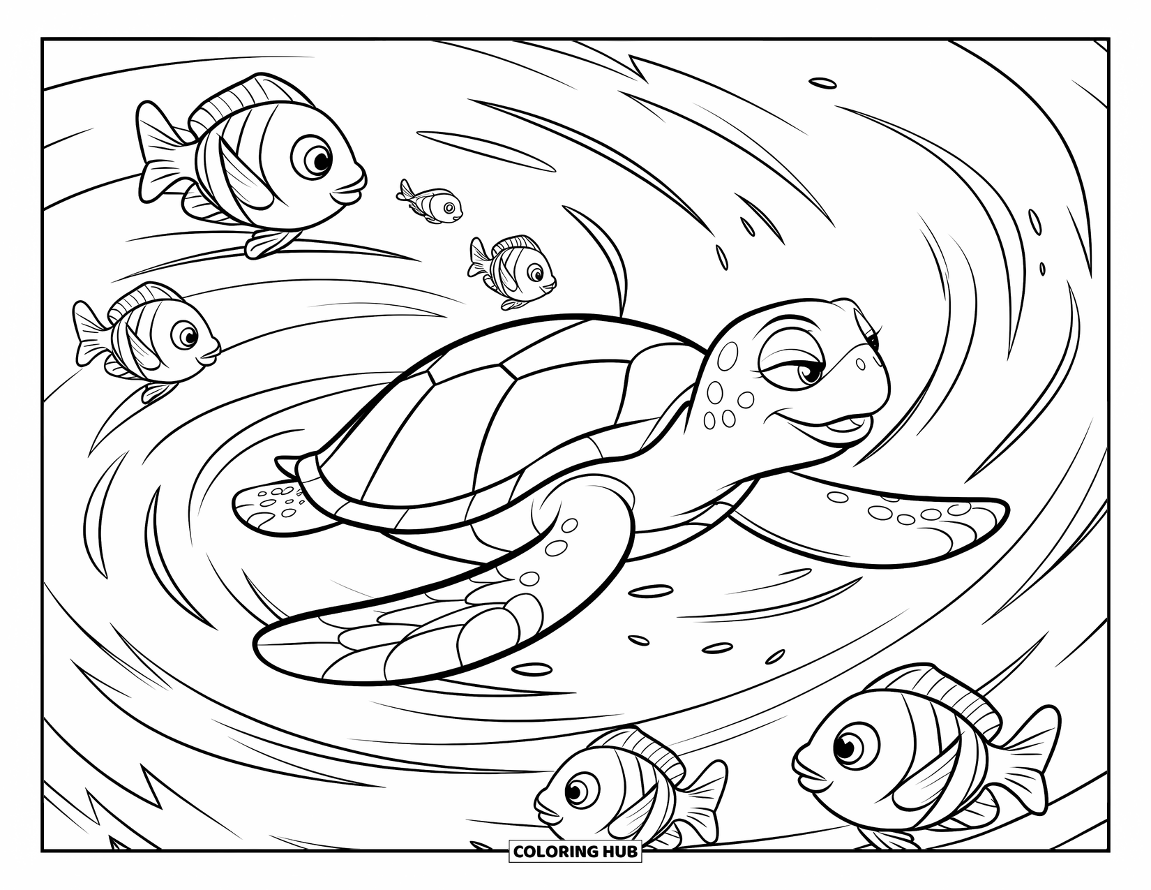 Kolorowanka z żółwiem morskim dla dzieci: Dostojny żółw morski pływający w silnych prądach, poruszający się wraz z przepływem oceanu