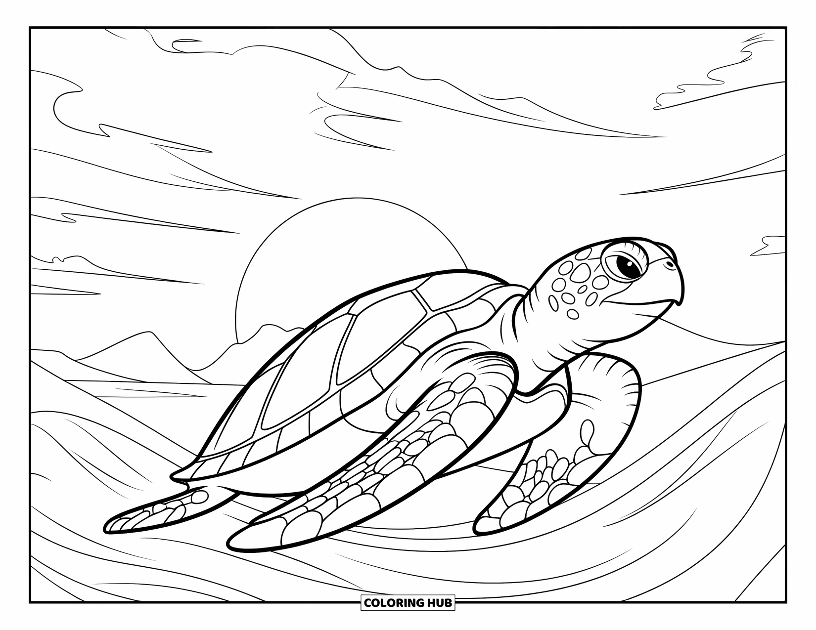 Kolorowanka z żółwiem morskim dla dzieci: Dostojny żółw morski pływa w wodzie, gdy słońce chowa się za horyzont