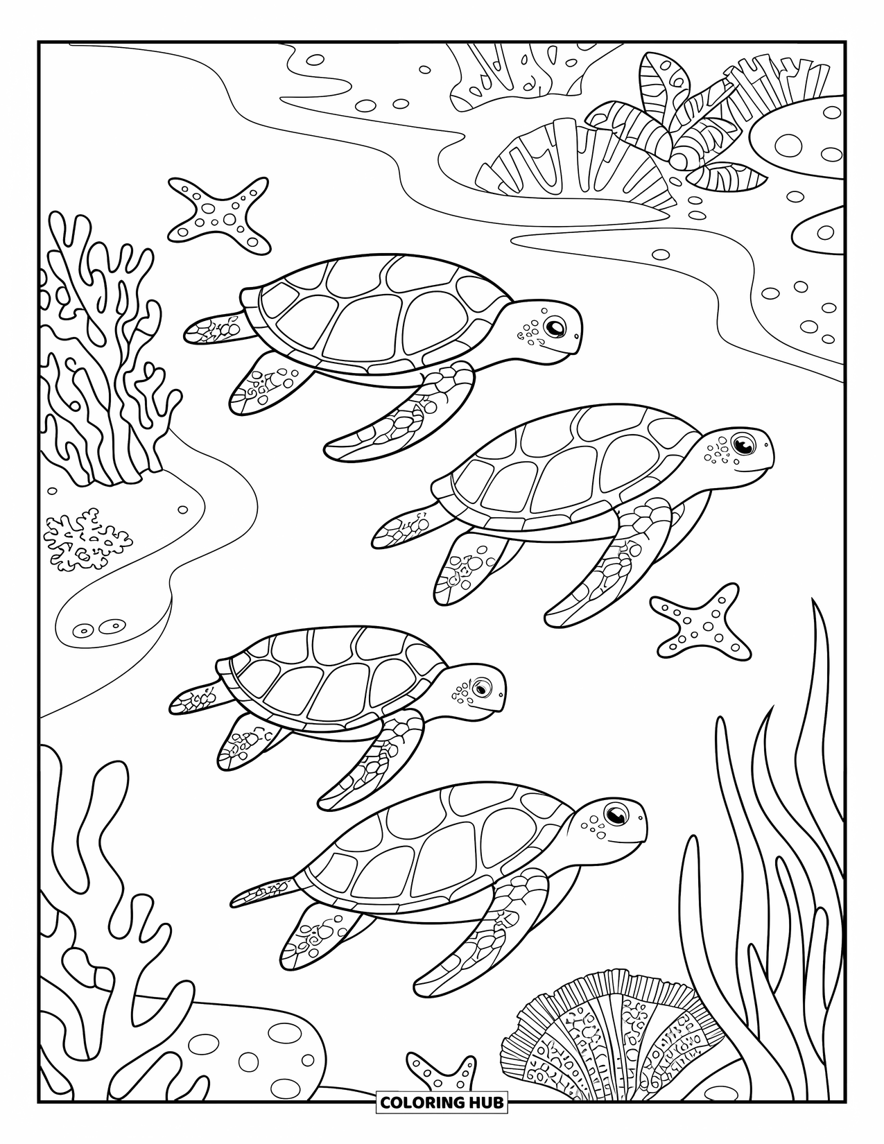 Kolorowanka z żółwiem morskim dla dzieci: Spokojna scena z żółwiami morskimi szybującymi przez płytki ocean pełen życia morskiego