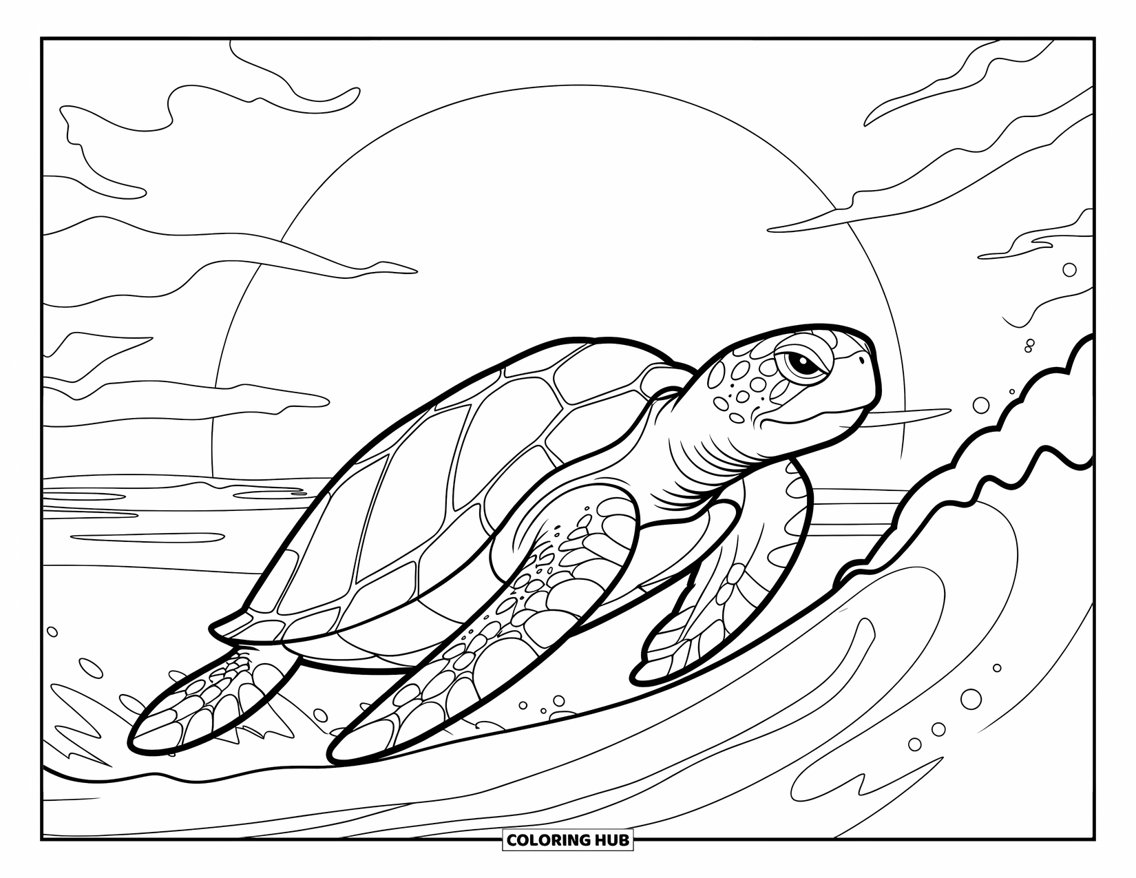 Kolorowanka z żółwiem morskim dla dzieci: Spokojny żółw morski dryfujący przez ocean, gdy słońce zachodzi za falami