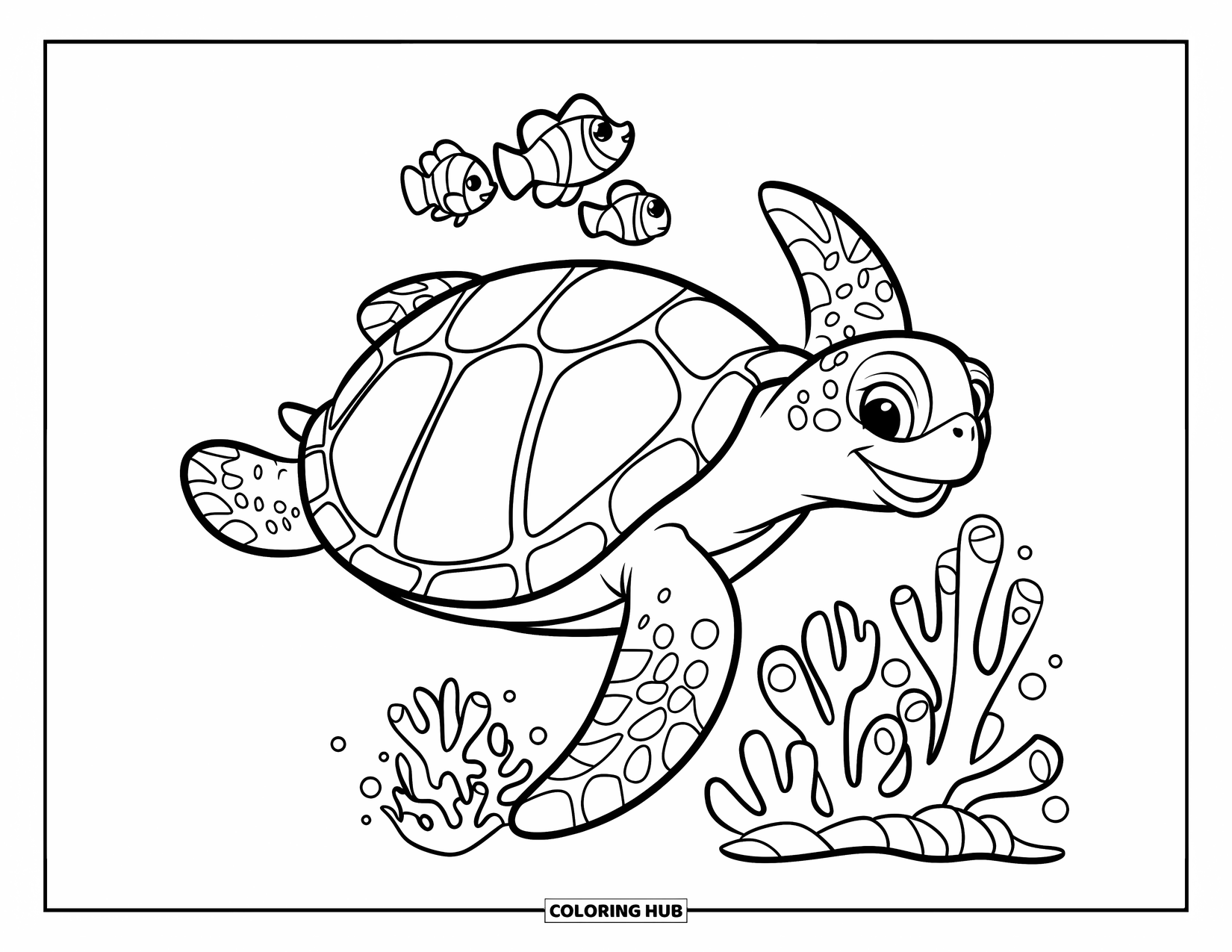 Kolorowanka z żółwiem morskim dla dzieci: Figlarny żółw morski przewracający się na grzbiet, otoczony przez błazenki i ukwiały