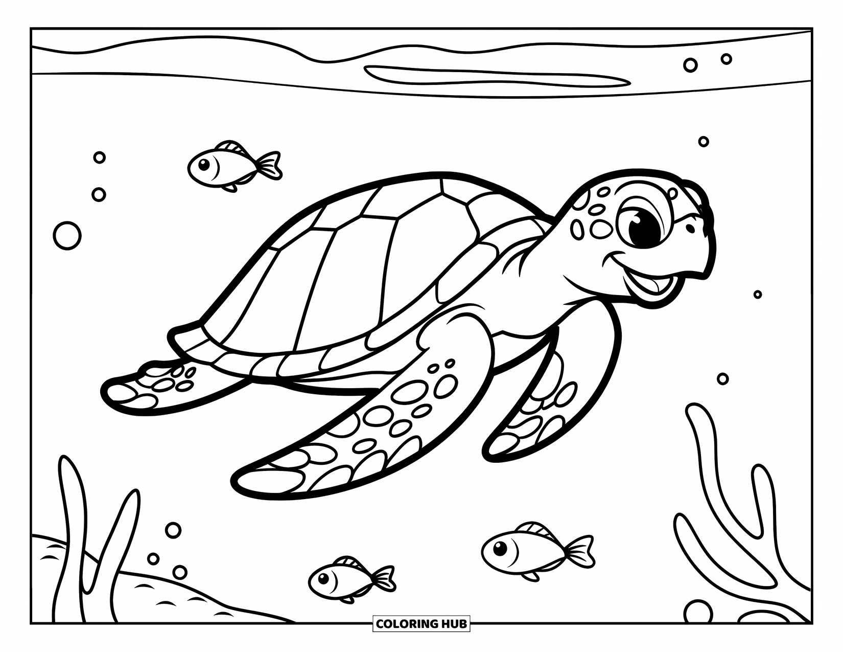 Kolorowanka z żółwiem morskim dla dzieci: Figlarny żółw morski szybujący przez wodę, otoczony maleńkimi rybkami