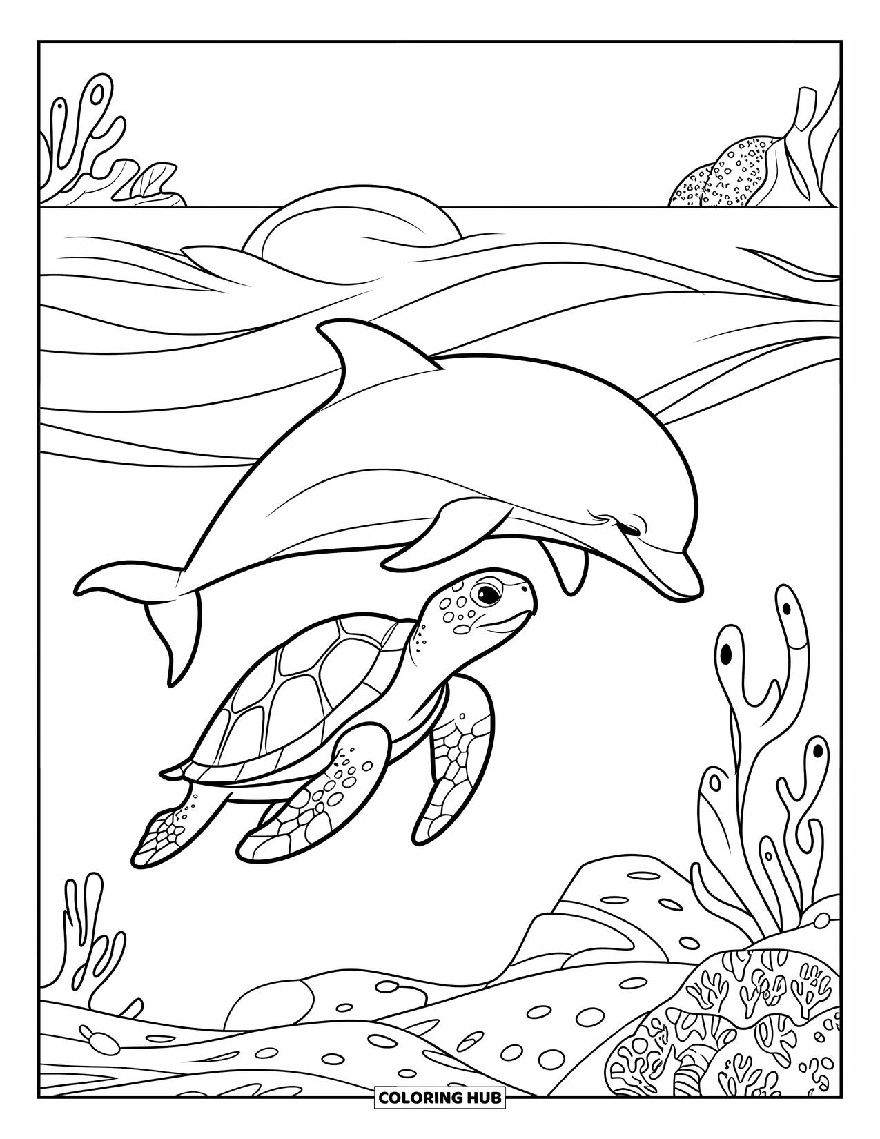 Kolorowanka z żółwiem morskim dla dzieci: Żółw morski i delfin radośnie pływają obok siebie w oceanie