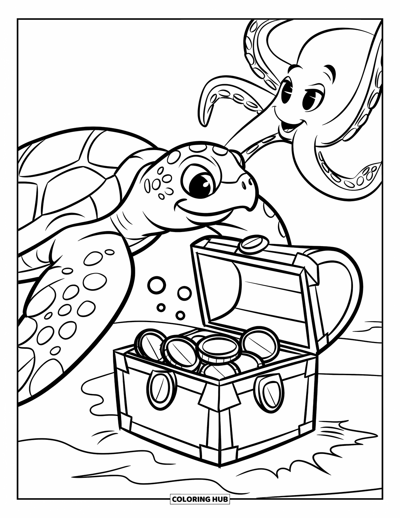 Kolorowanka z żółwiem morskim dla dzieci: Żółw morski nurkuje w kierunku skrzyni skarbów na dnie oceanu, z ośmiornicą w pobliżu