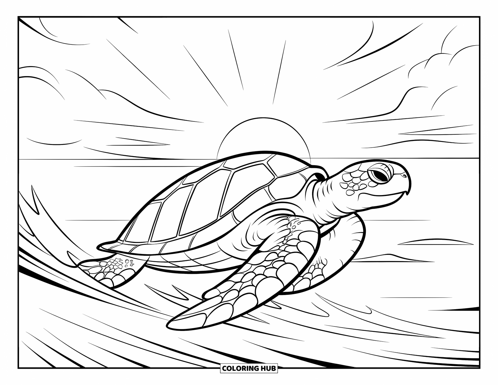 Kolorowanka z żółwiem morskim dla dzieci: Żółw morski szybujący przez fale, z dramatycznym zachodem słońca w tle