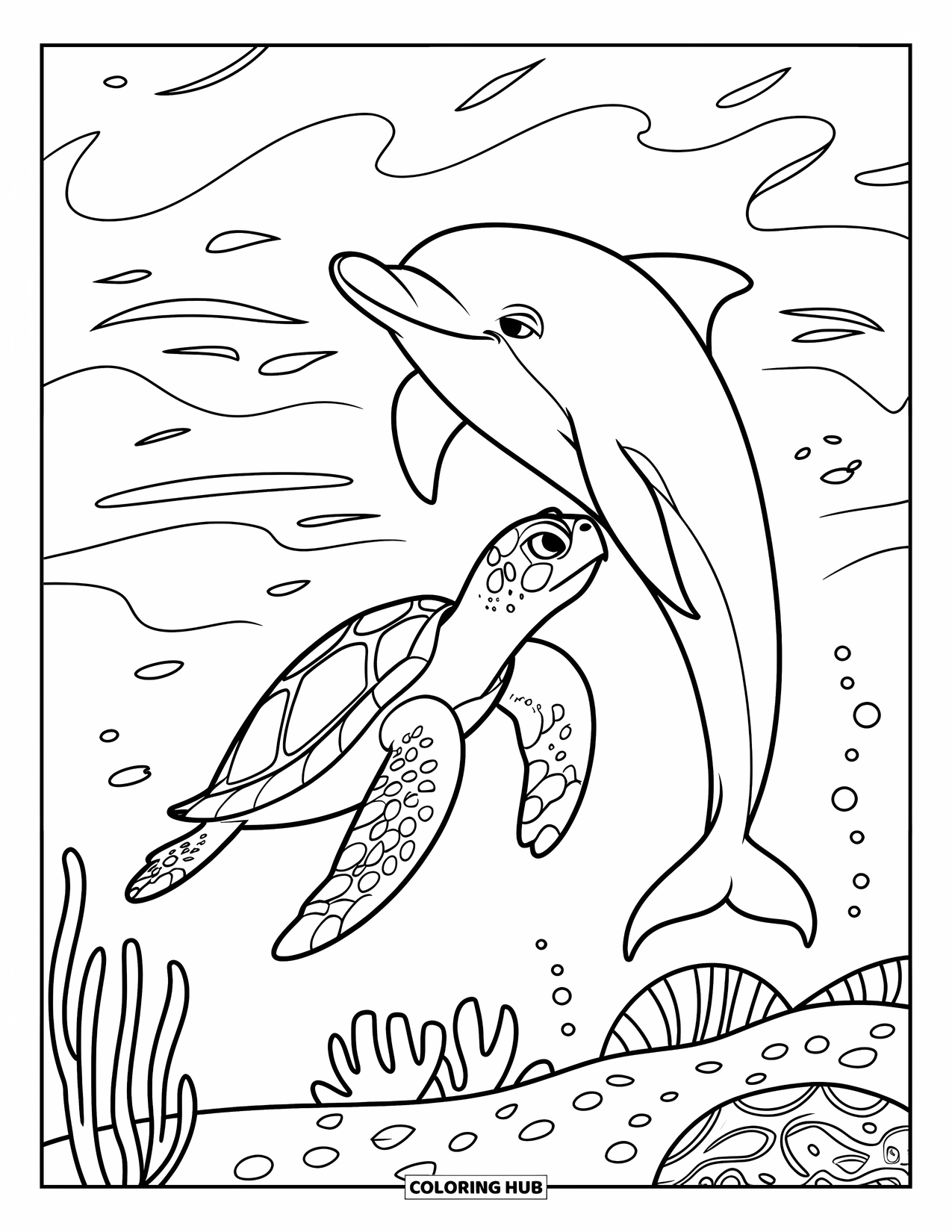 Kolorowanka z żółwiem morskim dla dzieci: Żółw morski bawiący się z delfinem na otwartym oceanie