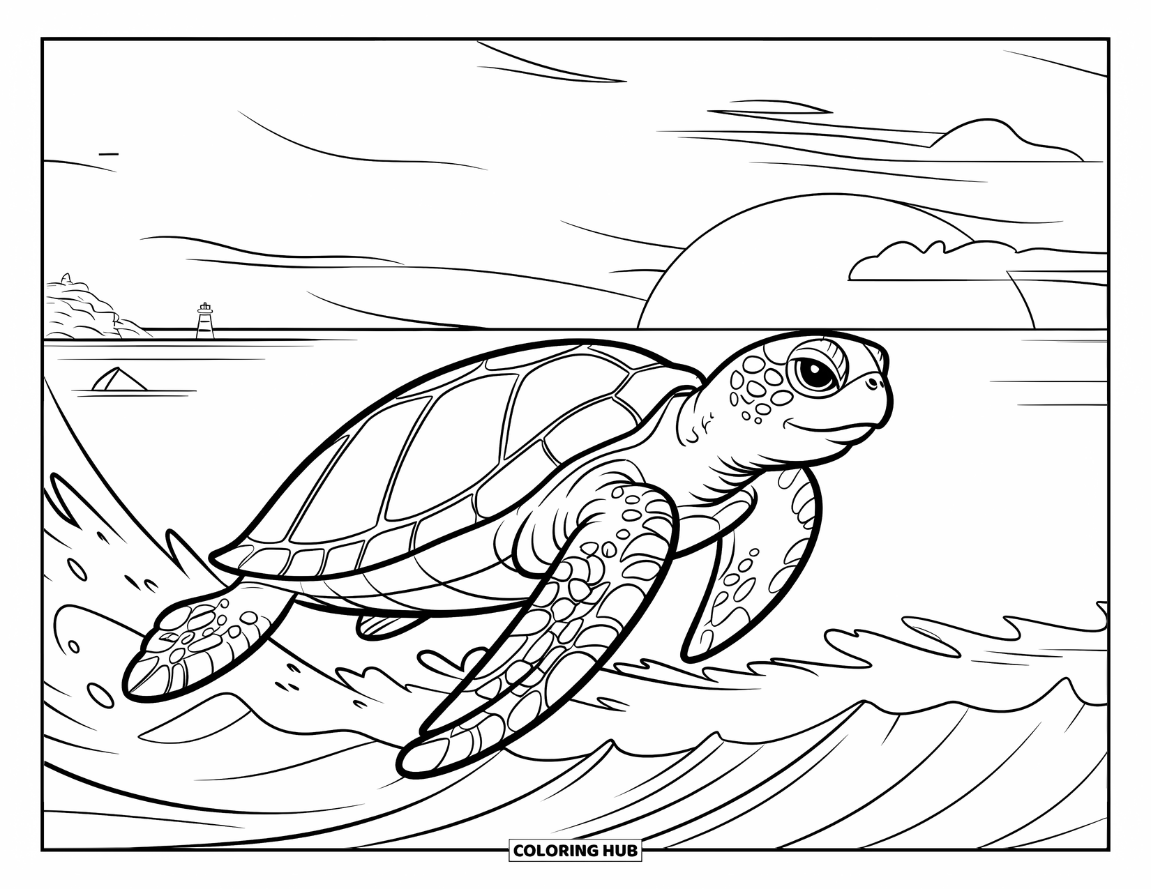 Kolorowanka z żółwiem morskim dla dzieci: Żółw morski szybujący przez fale, z blaskiem zachodu słońca malującym niebo