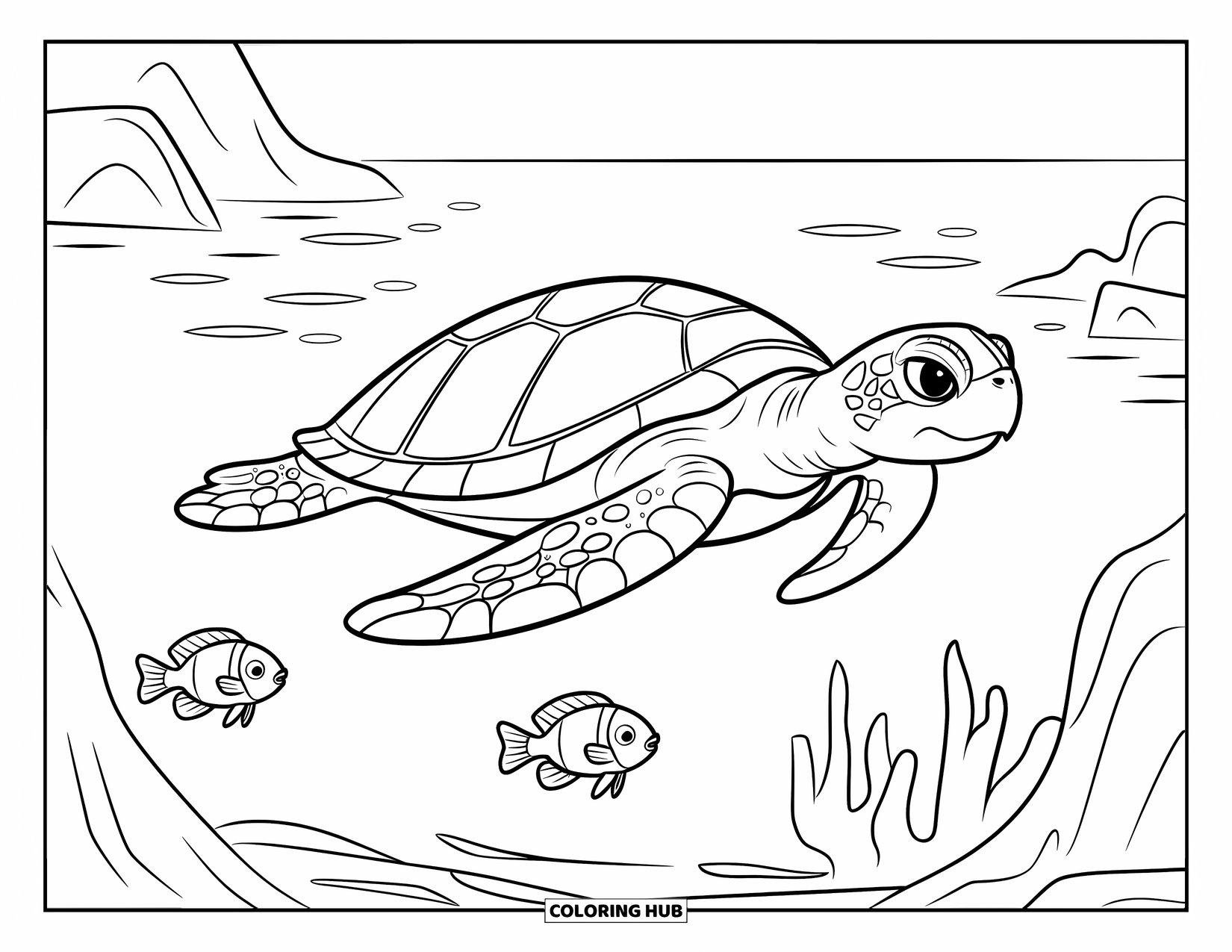 Kolorowanka z żółwiem morskim dla dzieci: Żółw morski pływający spokojnie wśród małych rybek w spokojnych, czystych wodach
