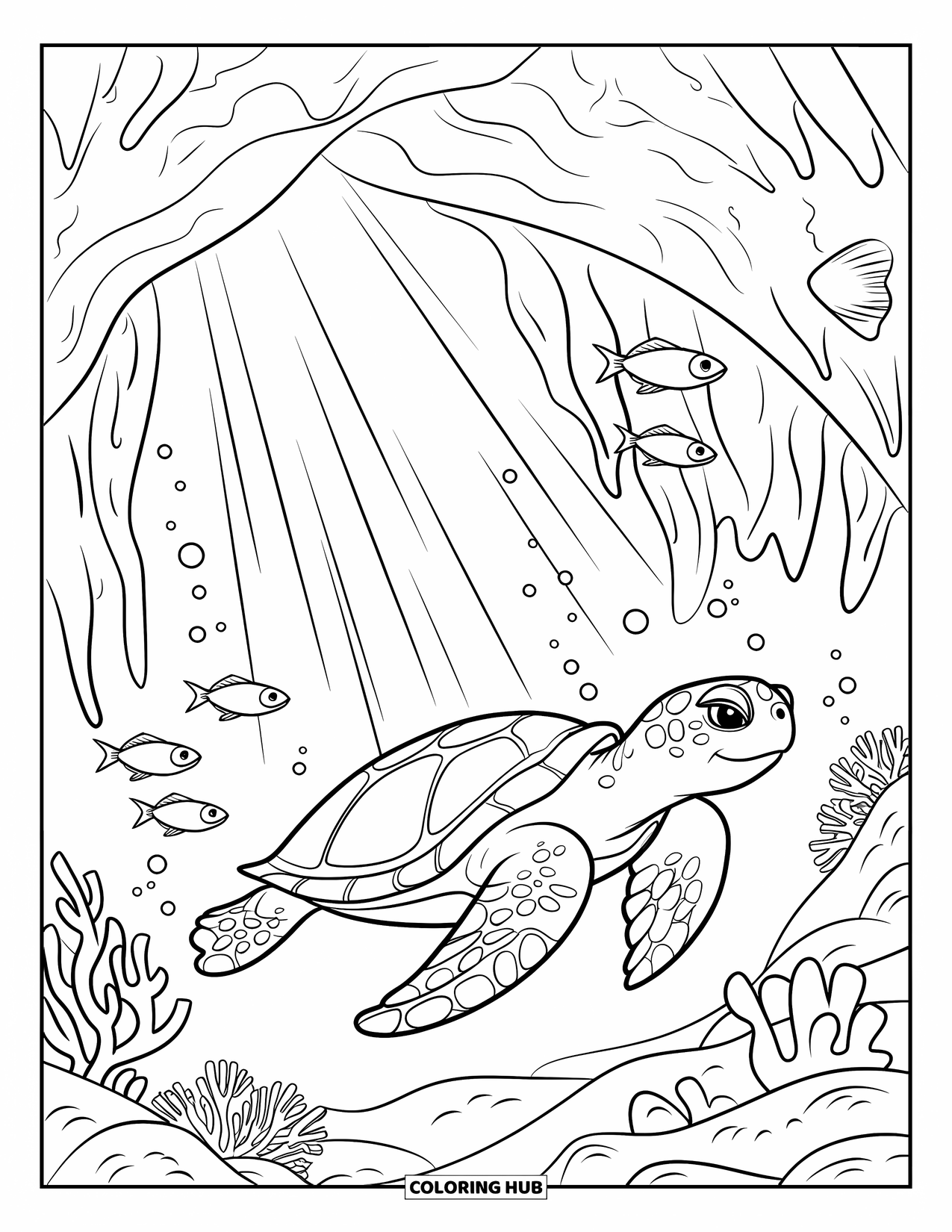 Kolorowanka z żółwiem morskim dla dzieci: Żółw morski pływa przez podwodną jaskinię, otoczony świecącymi rybami