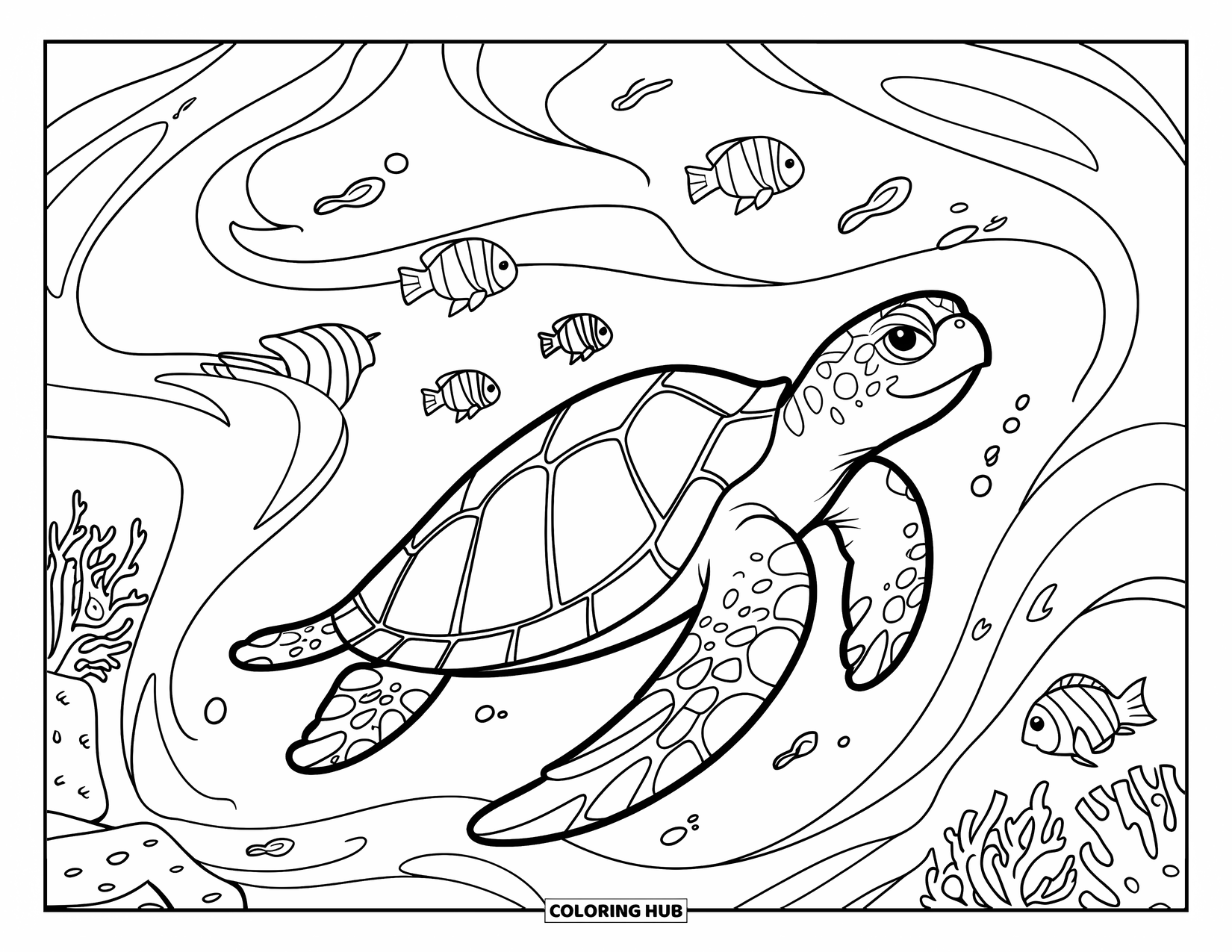 Kolorowanka z żółwiem morskim dla dzieci: Żółw morski pływający przez wirujące prądy wody, otoczony tropikalnymi rybami