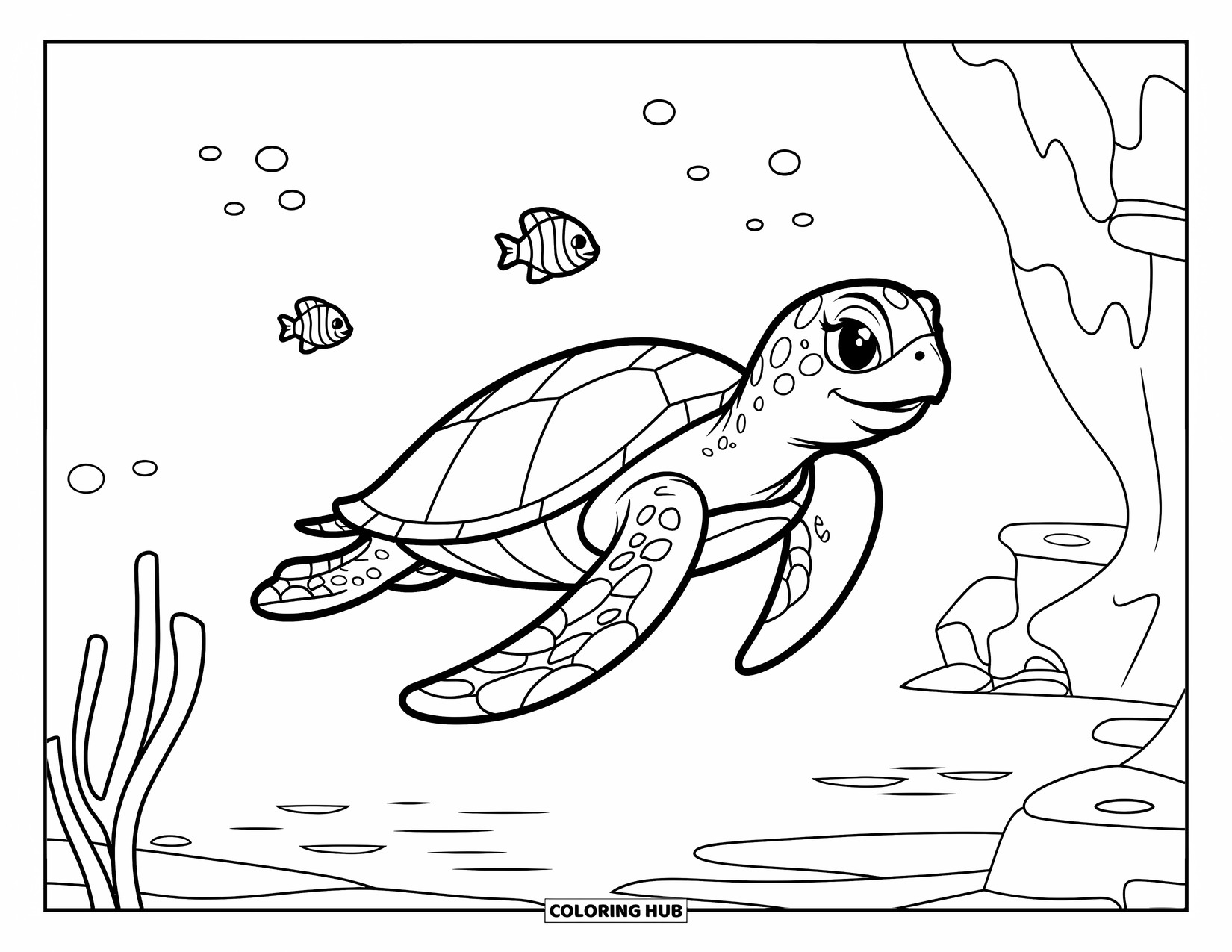Kolorowanka z żółwiem morskim dla dzieci: Żółw morski z odważną, wzorzystą skorupą pływa wśród koralowców i łagodnych fal