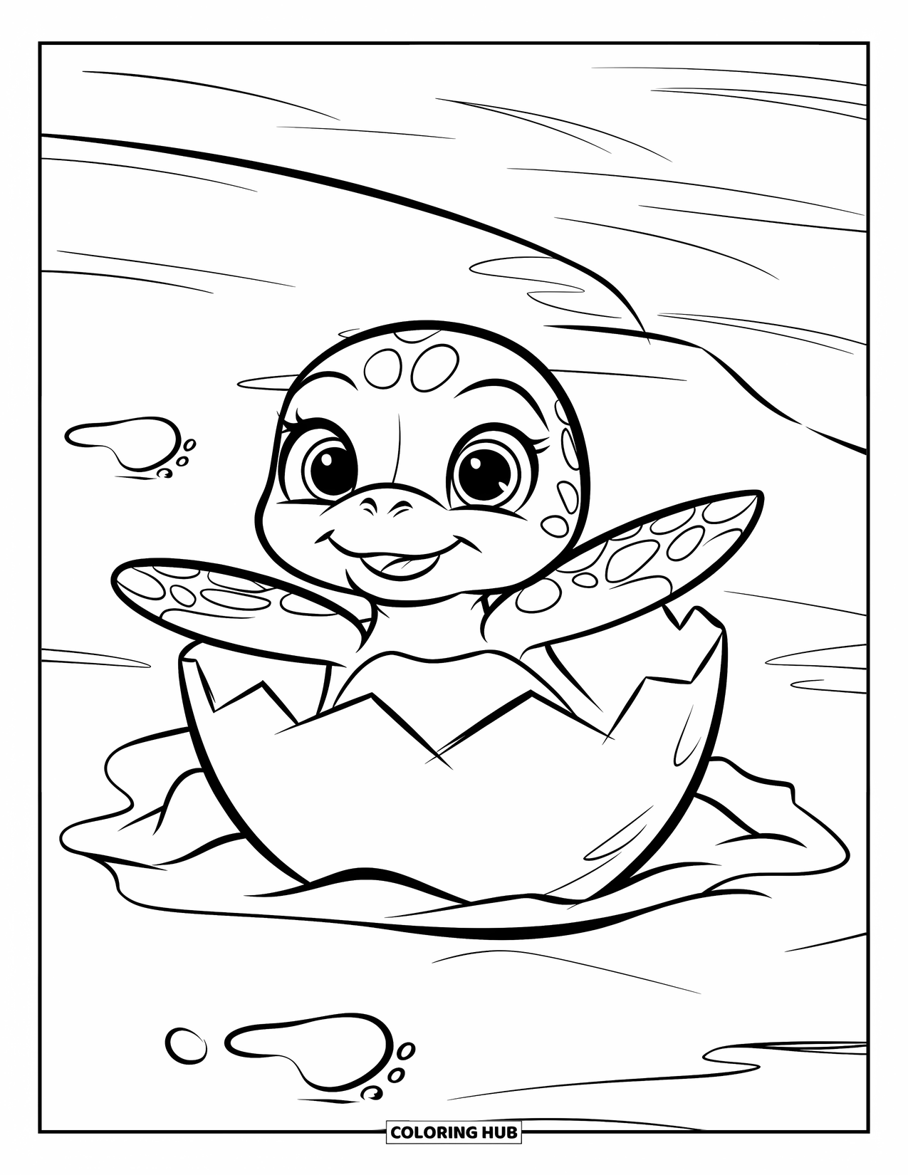 Kolorowanka z żółwiem morskim dla dzieci: Mały żółw morski wyłania się ze skorupy, przygotowując się do podróży w morze