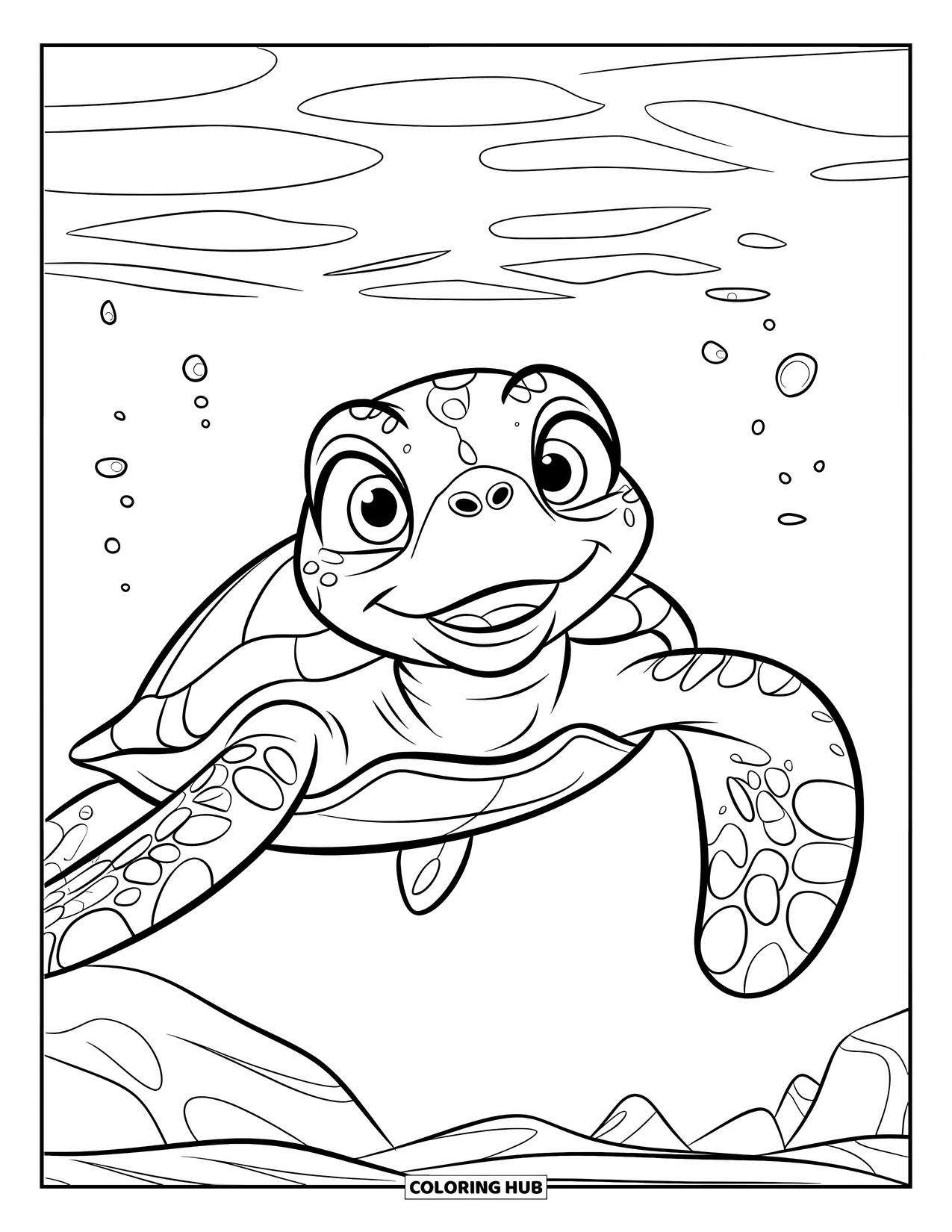 Kolorowanka z żółwiem morskim dla dzieci: Uśmiechnięty żółw morski dryfuje w wodzie, ciesząc się spokojnym oceanem