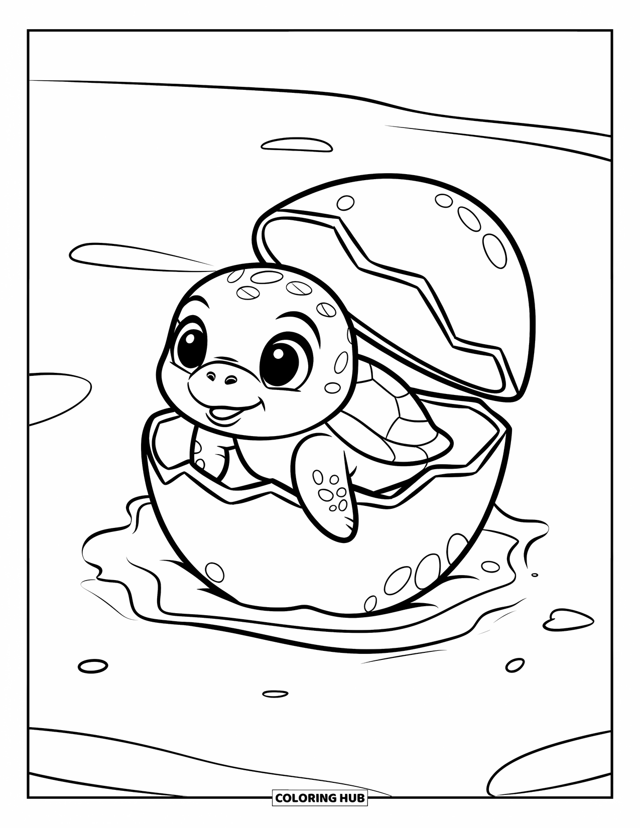 Kolorowanka z żółwiem morskim dla dzieci: Maleńki żółwik morski wykluwa się z jaja, gotowy rozpocząć swoje życie w wodzie