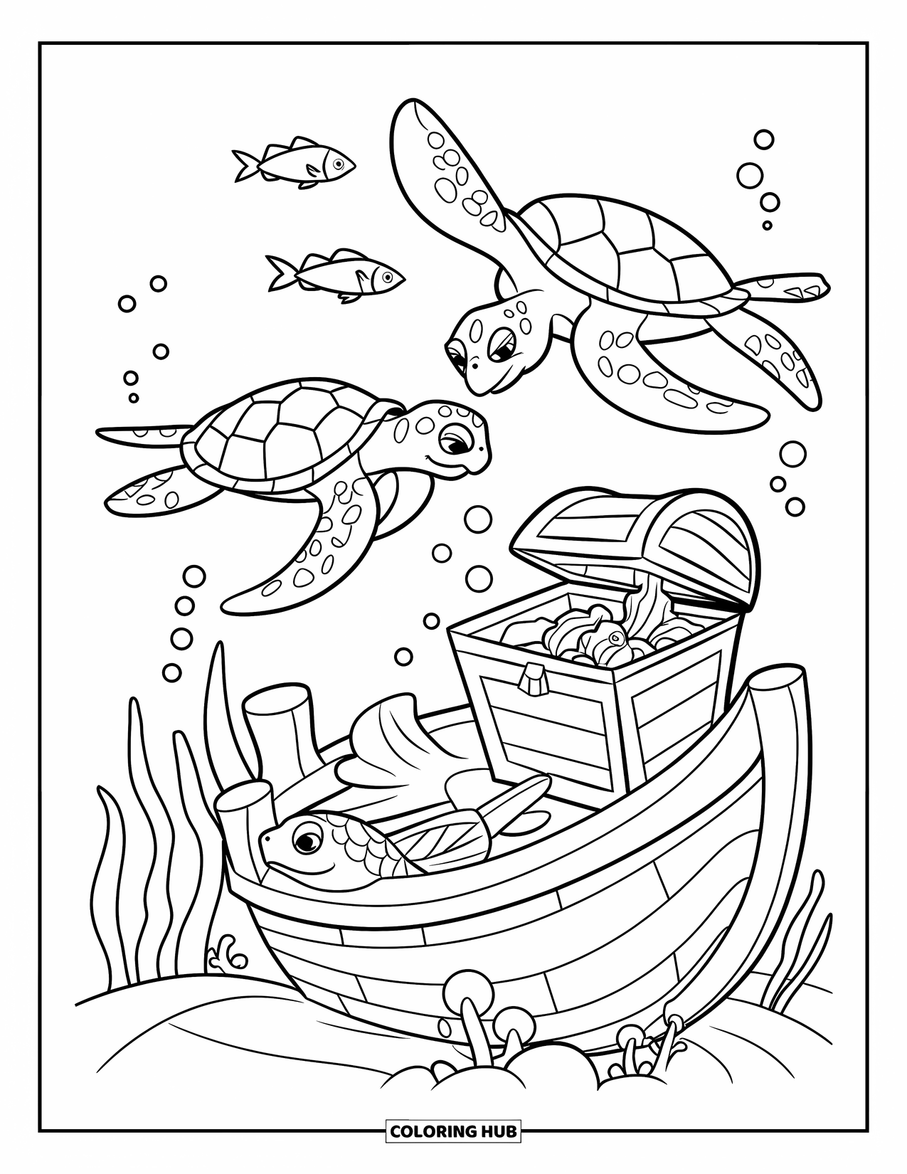 Kolorowanka z żółwiem morskim dla dzieci: Dwa żółwie morskie eksplorują zatopiony statek, otoczone życiem morskim i ukrytym skarbem