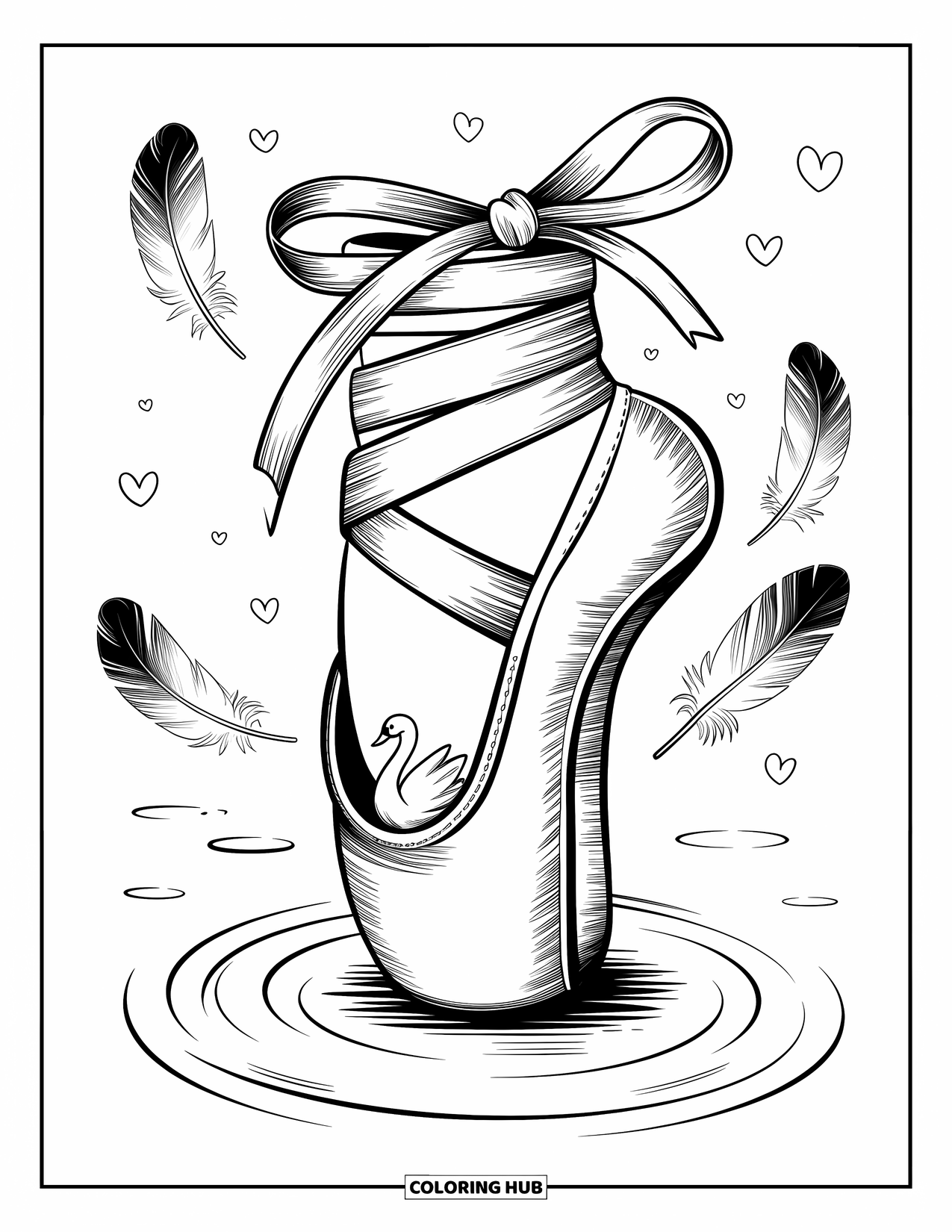 Schuh Ausmalbild für Erwachsene: Ein Ballettschuh mit einer Schwanenfigur, fließenden Bändern und zarten, schwebenden Federn