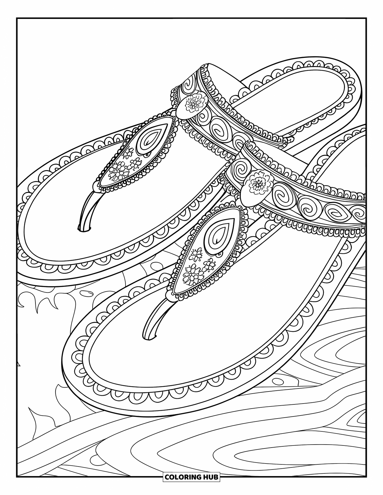 Schuh Ausmalbild für Erwachsene: Eine wunderschön gestaltete Sandale mit künstlerischen Verzierungen sitzt auf einem weißen Hintergrund