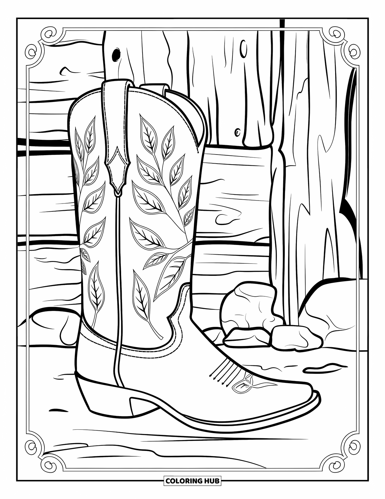 Schuh Ausmalbild für Erwachsene: Ein Cowboy-Stiefel mit Blattgravuren und Wirbeln sitzt auf einem Holzständer