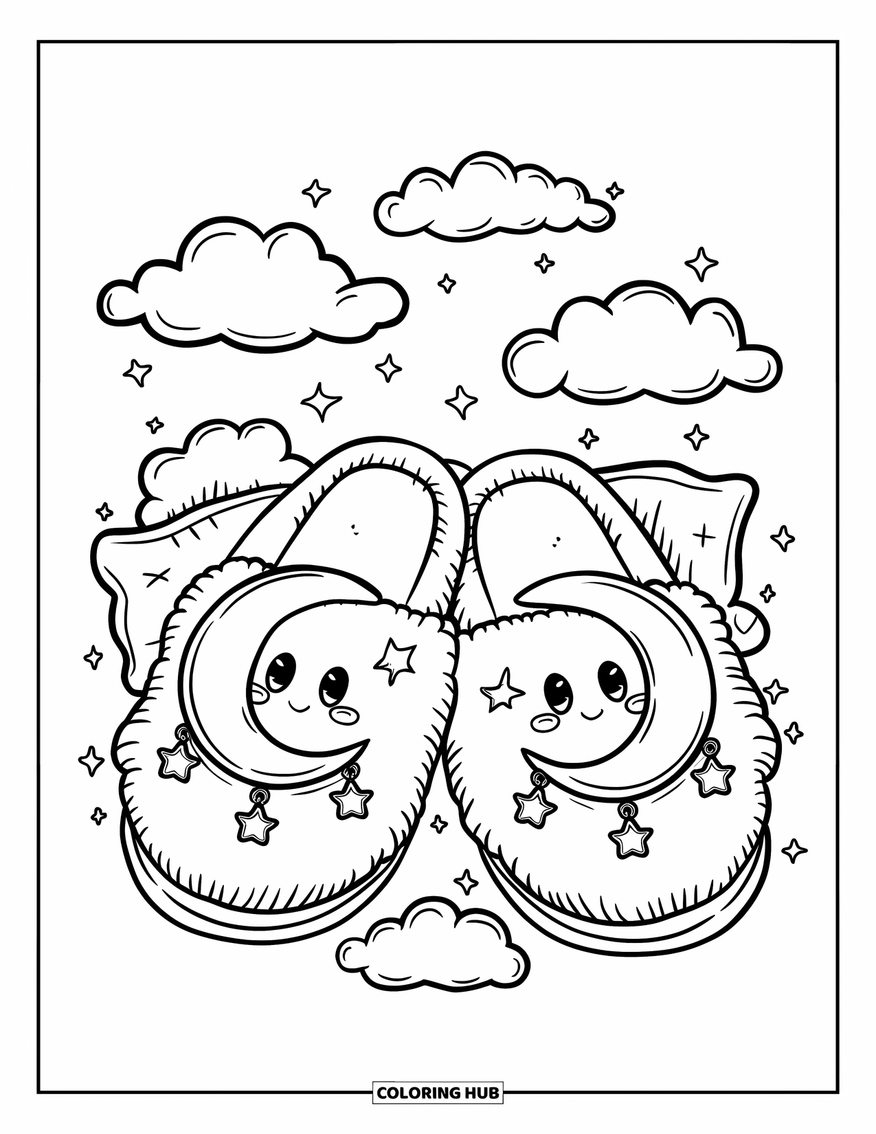 Schuh Ausmalbild für Erwachsene: Ein gemütliches Paar Hausschuhe mit einem sanften Monddesign, flauschigen Kissen und winzigen funkelnden Sternen