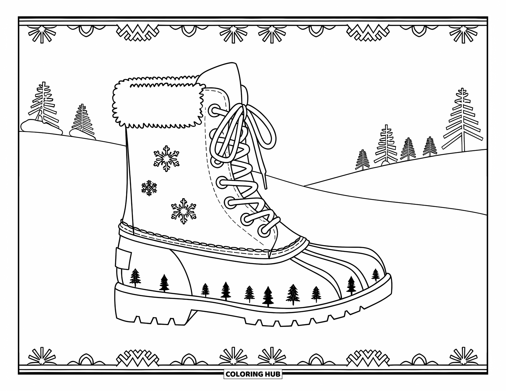 Schuh Ausmalbild für Erwachsene: Ein gemütlicher Winterstiefel mit zarten Mustern ist in einer verschneiten Landschaft platziert