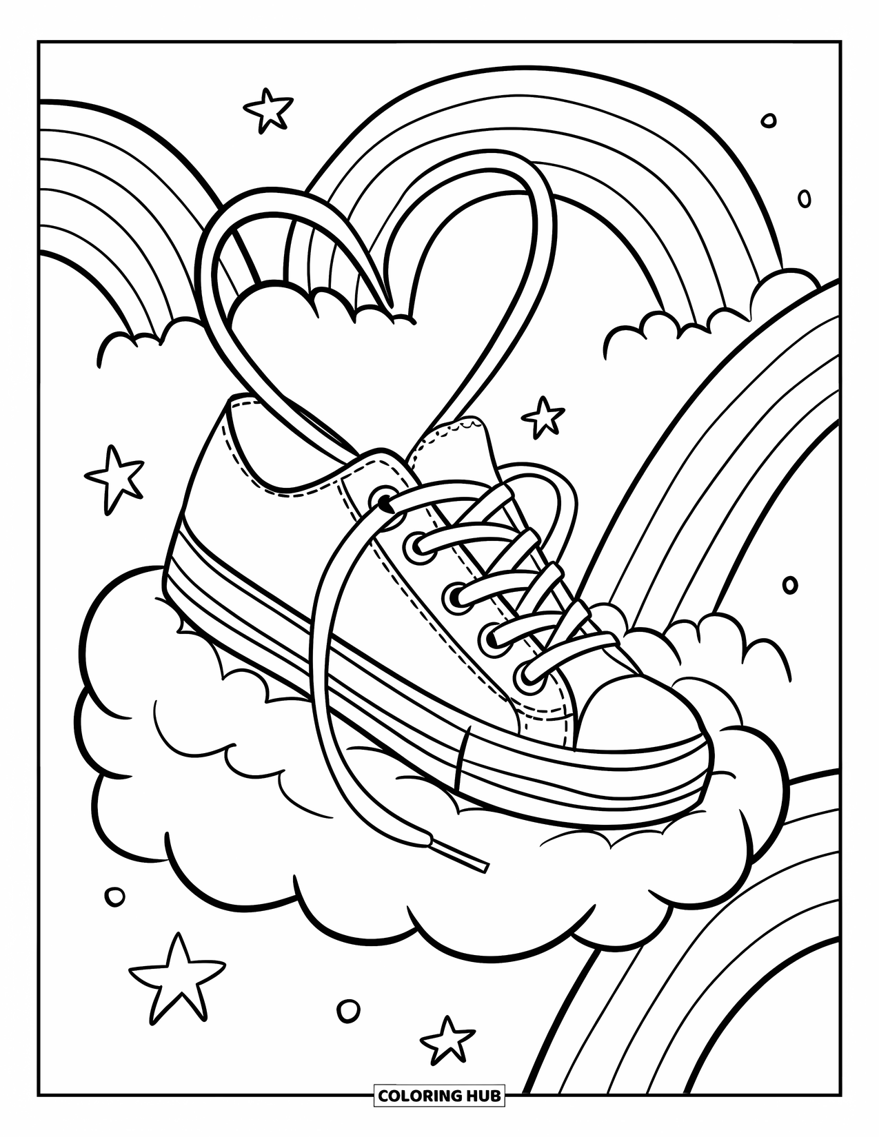 Schuh Ausmalbild für Erwachsene: Ein niedlicher Sneaker mit Regenbogen-Details, herzförmigen Schnürsenkeln und winzigen Sternen, die am Himmel schweben