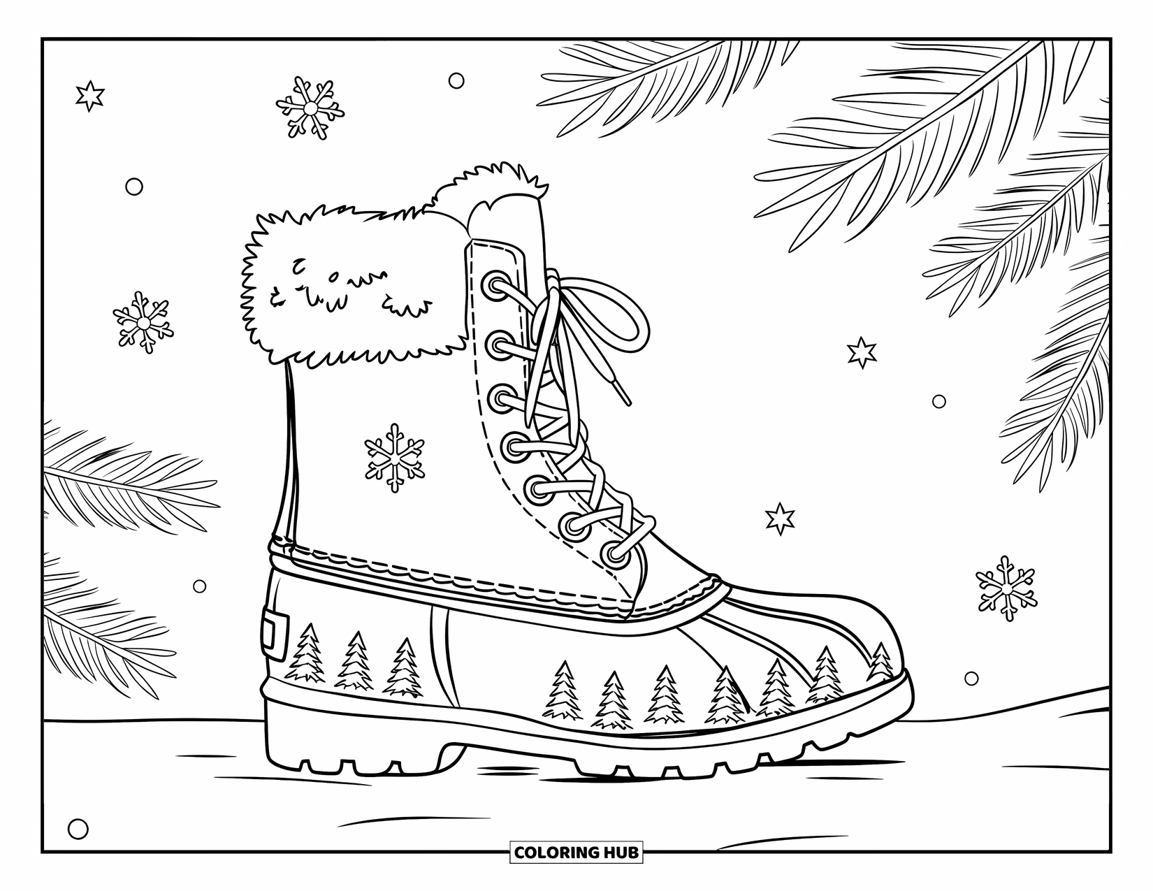 Schuh Ausmalbild für Erwachsene: Ein dekorierter Winterstiefel mit Pelzdetails sitzt zwischen Schneeflocken und Kiefernzweigen