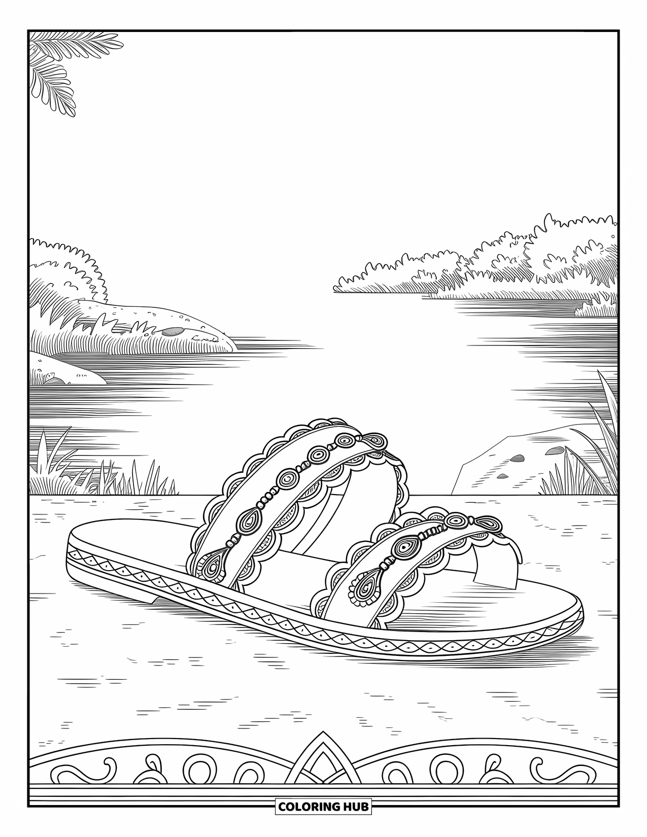 Schuh Ausmalbild für Erwachsene: Eine dekorative Sandale mit Paisley und Perlenarbeiten ist in der Nähe eines Gewässers platziert