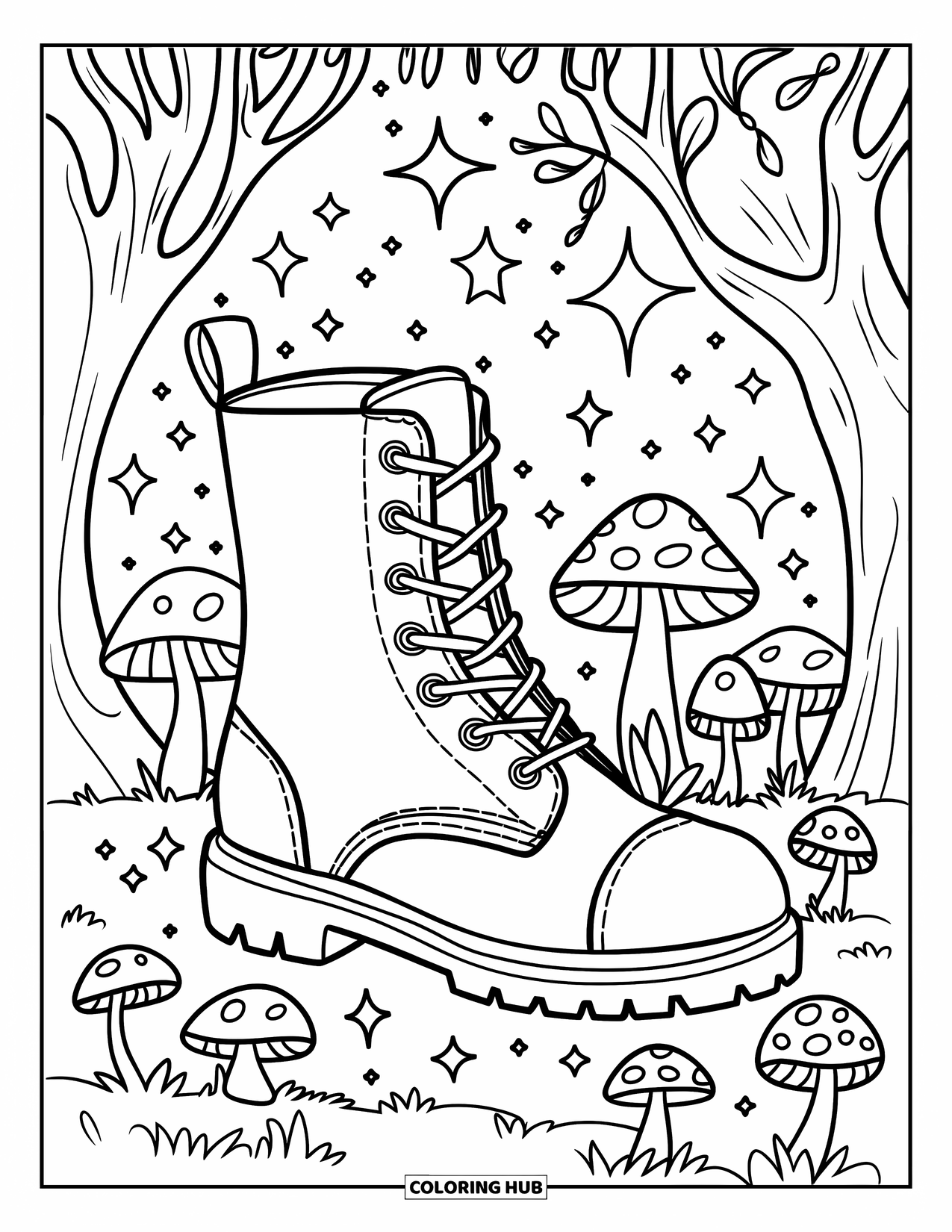 Schuh Ausmalbild für Erwachsene: Ein Feenstiefel mit Flügeln, Bändern und Glitzer, in einem magischen Wald mit Pilzen