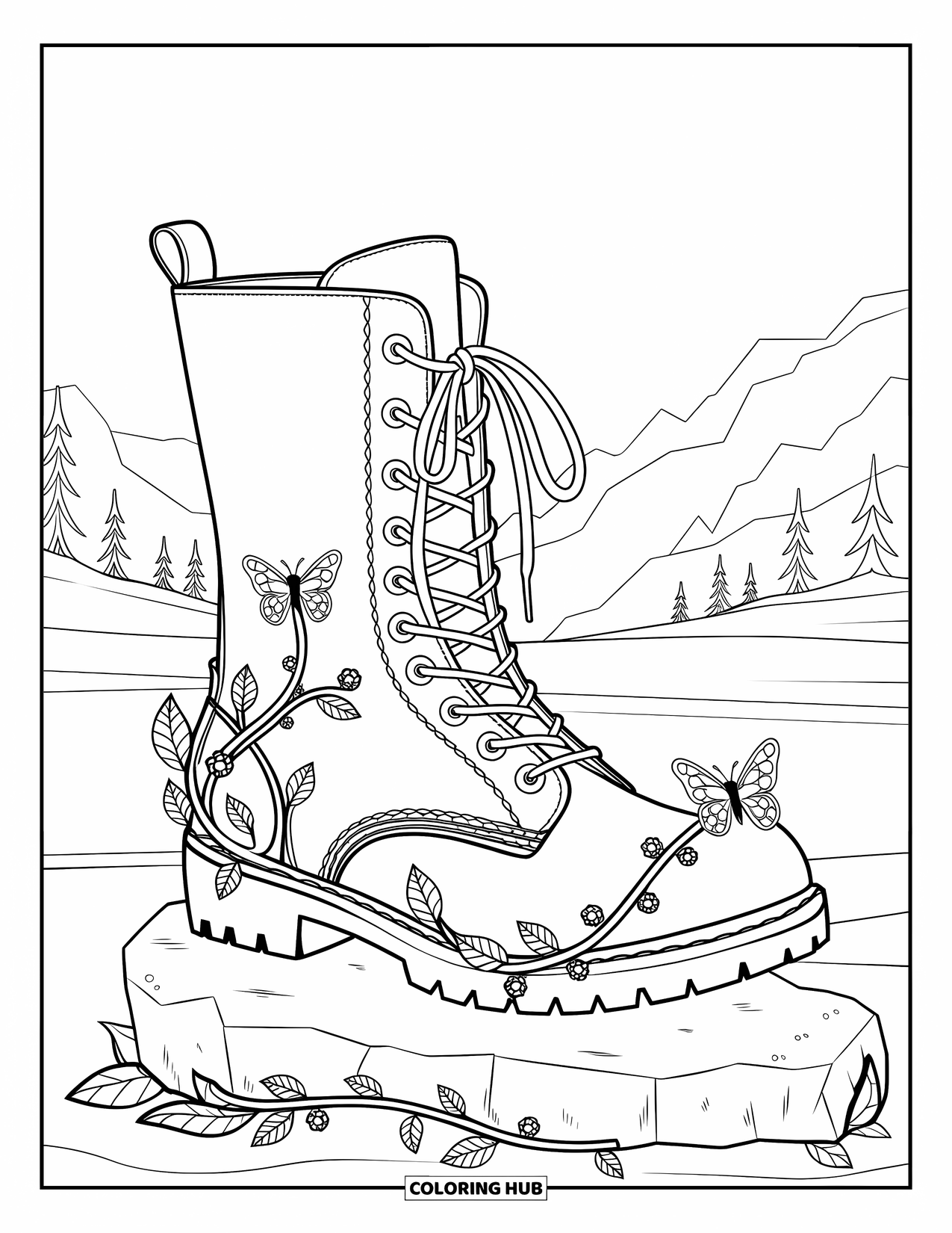 Schuh Ausmalbild für Erwachsene: Ein von der Fantasie inspirierter Stiefel mit Ranken, Schmetterlingen und Edelsteindetails ruht auf einem Stein