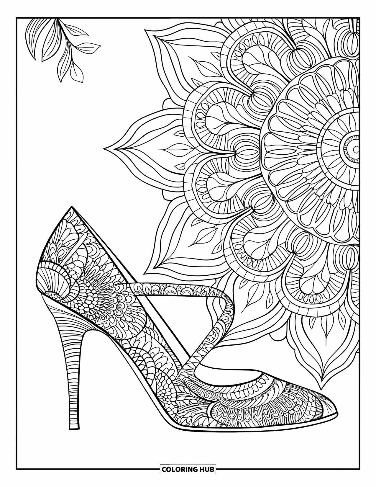 Schuh Ausmalbild für Erwachsene: Ein High-Heel-Schuh mit einem stabilen Absatz und einem Mandala-Design zeigt florale und Blattmuster