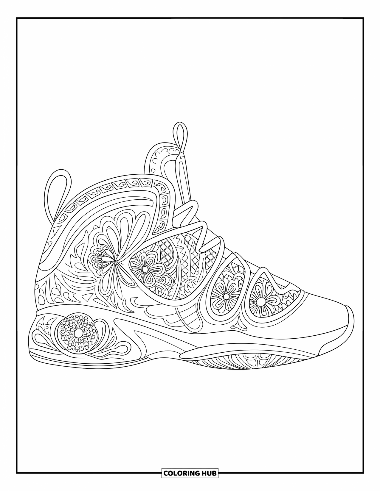 Schuh Ausmalbild für Erwachsene: Ein hochdetaillierter Sneaker mit floralen Stoffmustern und künstlerischen Sohlendesigns ist bereit zum Ausmalen