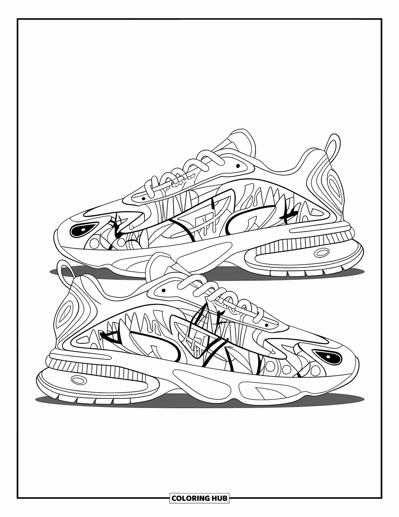 Schuh Ausmalbild für Erwachsene: Ein moderner Sneaker mit auffälligen Streetwear-Graffiti-Designs steht vor einem sauberen Hintergrund